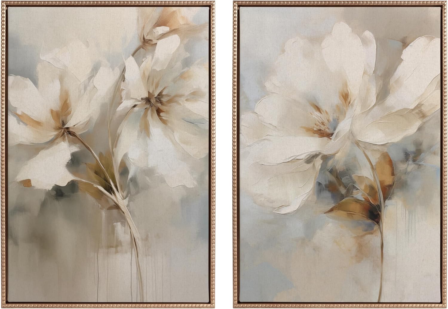 Kate and Laurel Sylvie Beaded Abstract Botanical Floral Linen Painting 1 and 2 Vintage Framed Canvas Wall Art Set by The Creative Bunch Studio, 2 Piece Set 23x33 Gold, Simple Floral Art for Wall