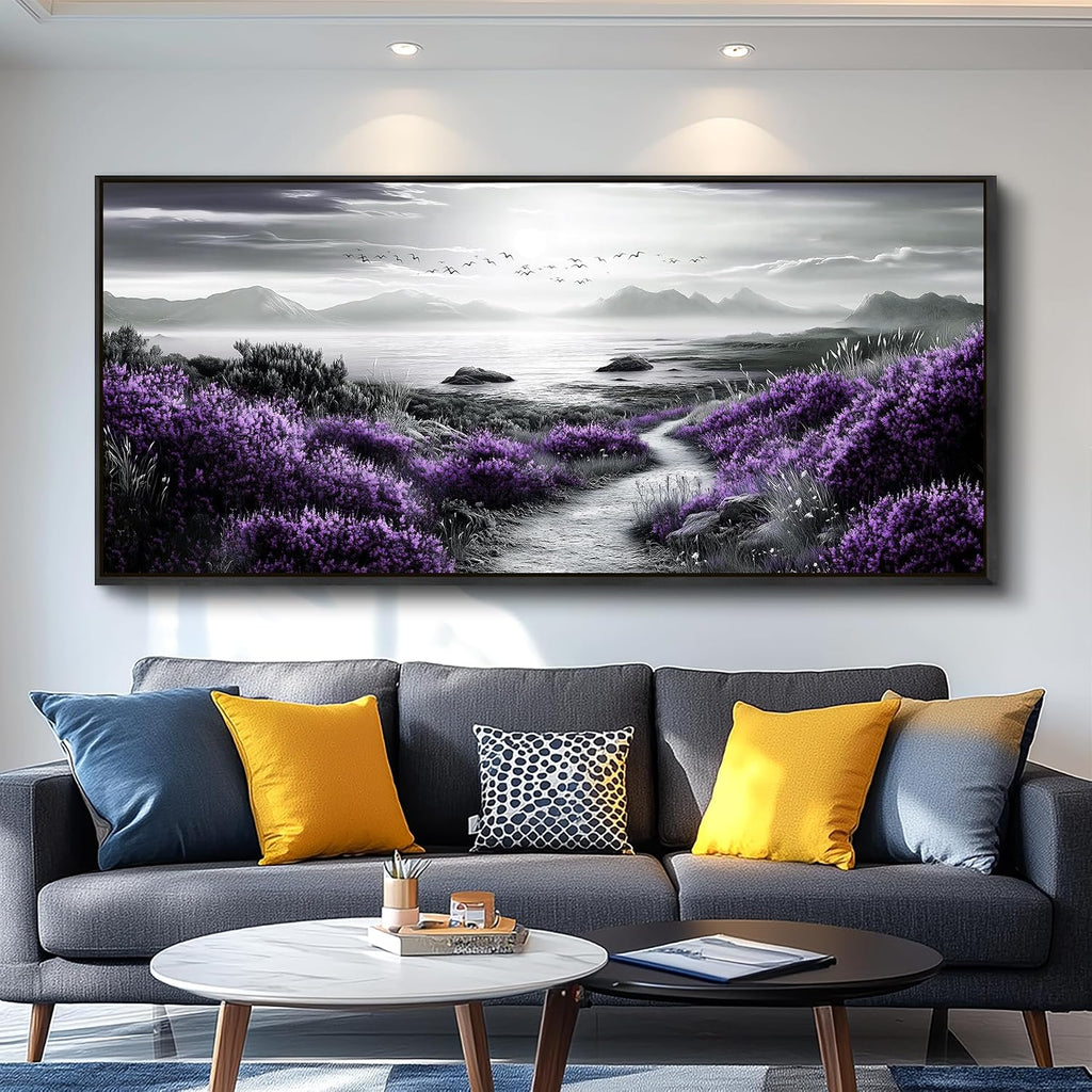 FUHAIHUA Canvas Wall Art For Living Room Wall Decor For Bedroom Office Wall Decoration Purple Flowers Landscape Painting Black And White Pictures Artwork Room Aesthetic Home Decor 32x72 In