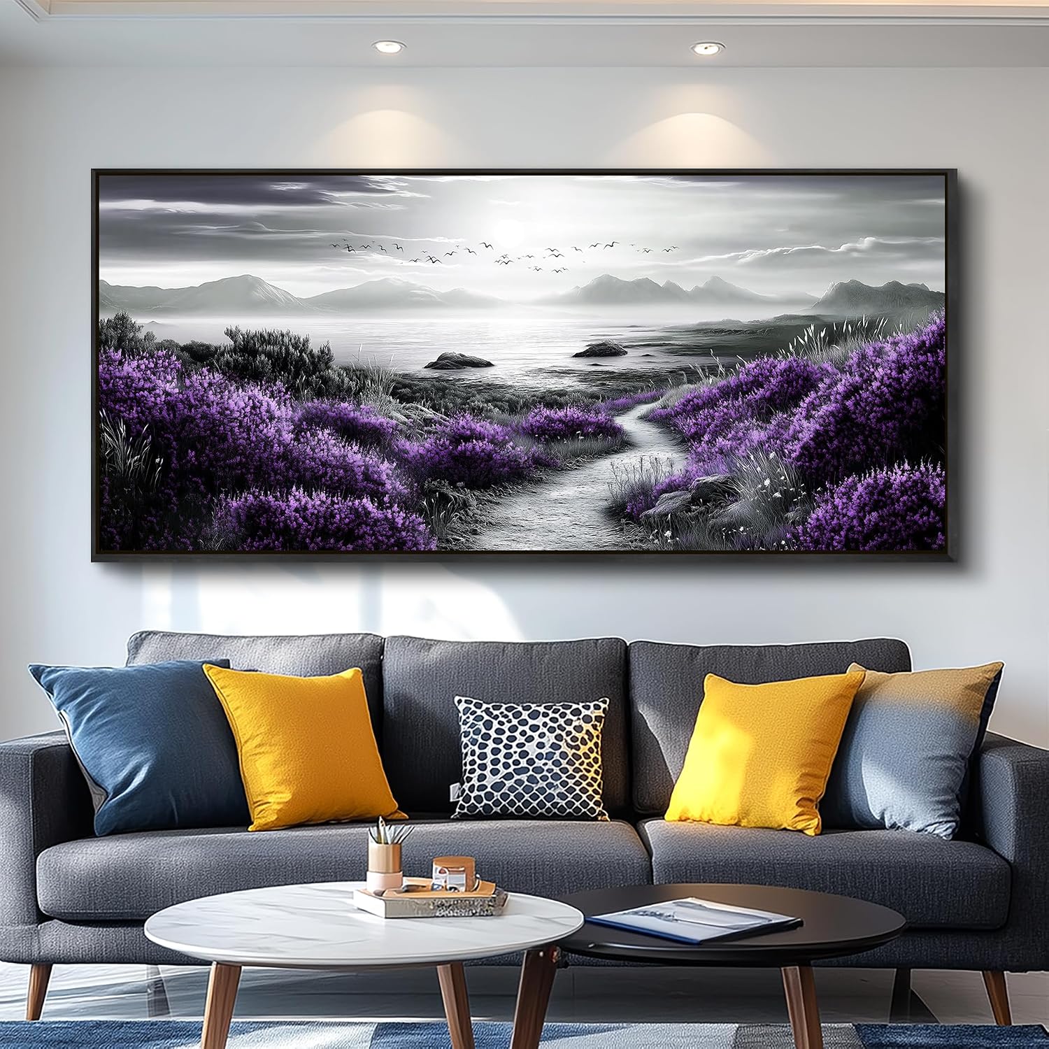 FUHAIHUA Canvas Wall Art For Living Room Wall Decor For Bedroom Office Wall Decoration Purple Flowers Landscape Painting Black And White Pictures Artwork Room Aesthetic Home Decor 32x72 In
