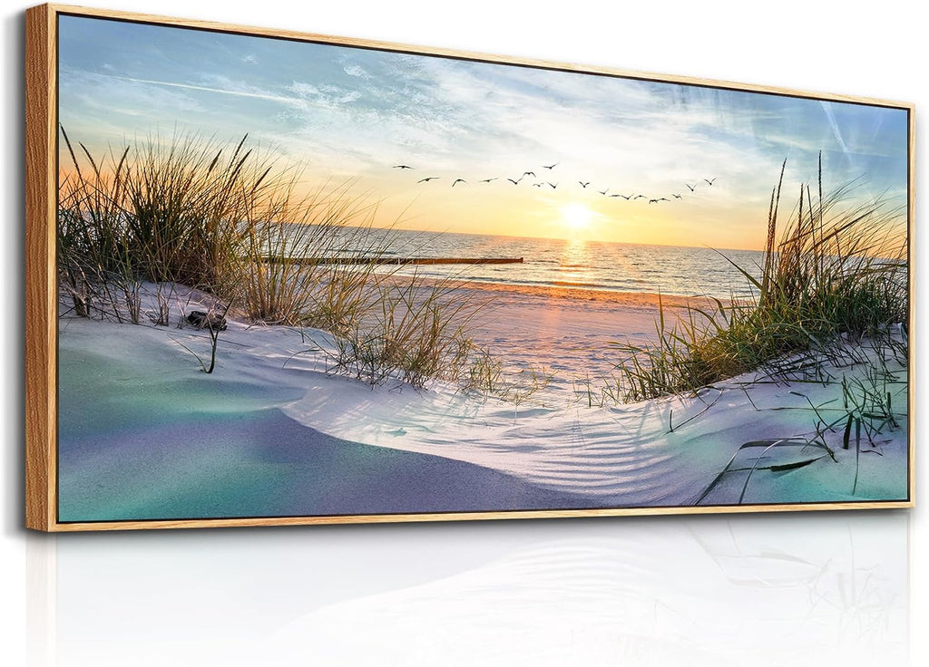 Wapluam Beach Wall Art For Living Room Coastal Canvas Prints Artwork Ocean Seascape Wall Paintings Nature Landscape Wall Decor Pictures for Bedroom Office Hotel Extra Large Framed Home Decor 32x72 In