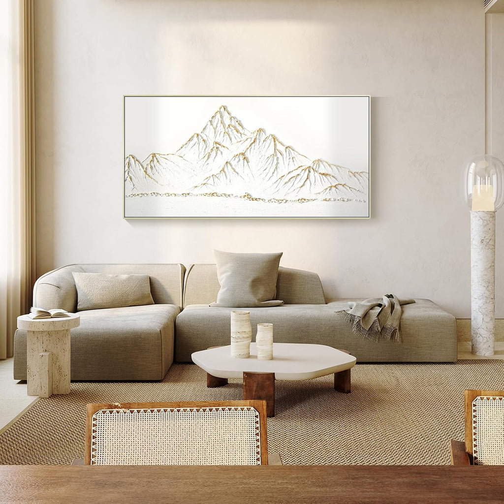 White and Gold Framed Paintings Textured Wall Art - 3D Mountain 100% Hand Painted Canvas Home Decor 48x24 Large Horizontal Contemporary Artwork Decoration for Living Room Bedroom