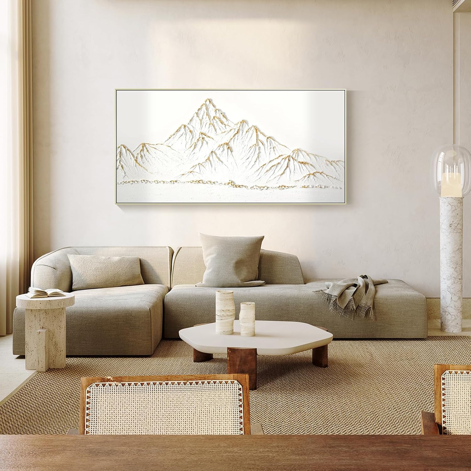 White and Gold Framed Paintings Textured Wall Art - 3D Mountain 100% Hand Painted Canvas Home Decor 48x24 Large Horizontal Contemporary Artwork Decoration for Living Room Bedroom