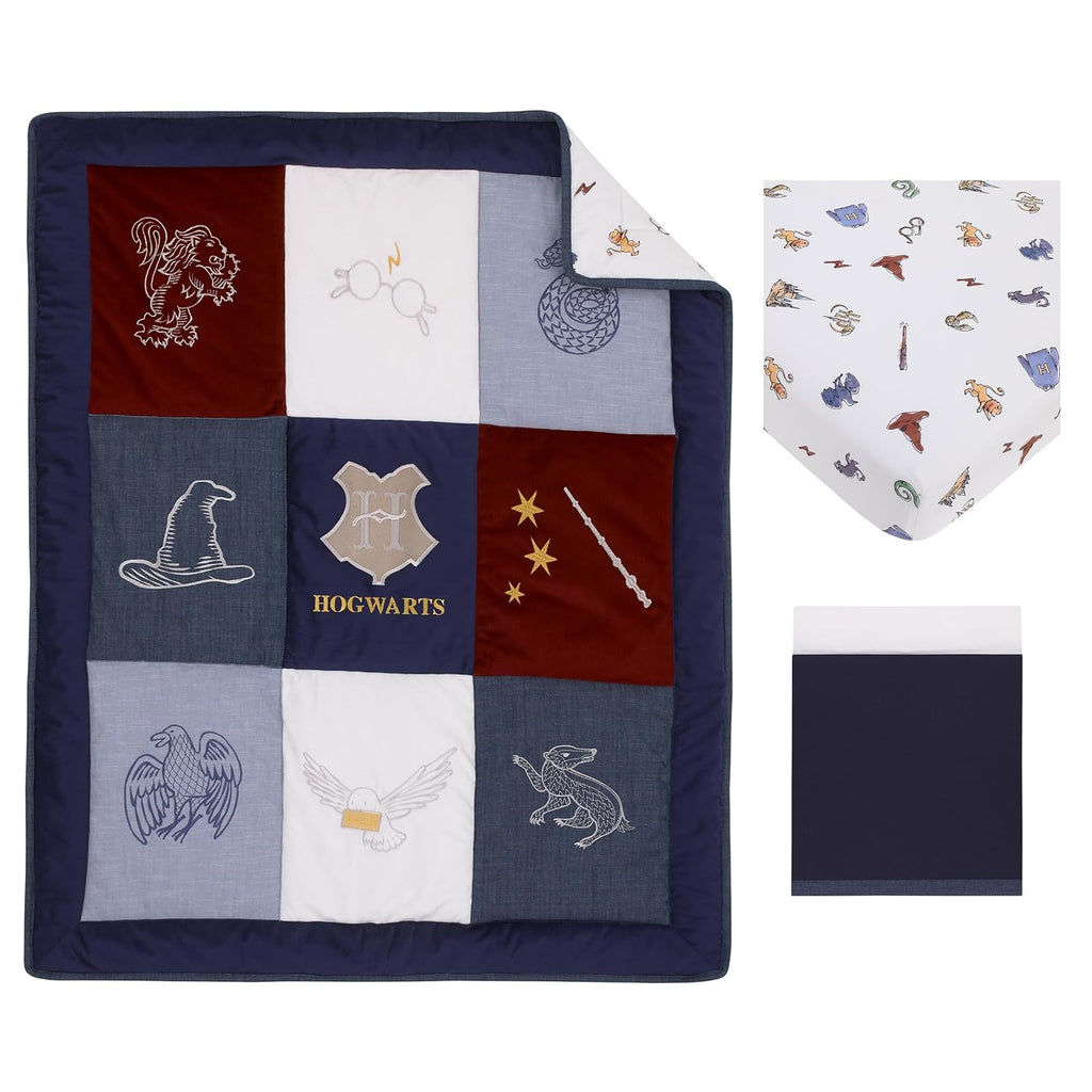Warner Brothers Harry Potter Welcome Little Wizard Navy, Burgundy, Denim Blue and White, Appliqued 3 Piece Crib Bedding Set - Comforter, Fitted Crib Sheet, and Crib Skirt