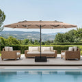 PHI VILLA 15ft 2-Tier Large Patio Umbrella with Solar Lights, Double-Sided Outdoor Market Rectangle Umbrellas with 36 LED Lights, Umbrella Base (Stand) Included, Beige&Tan