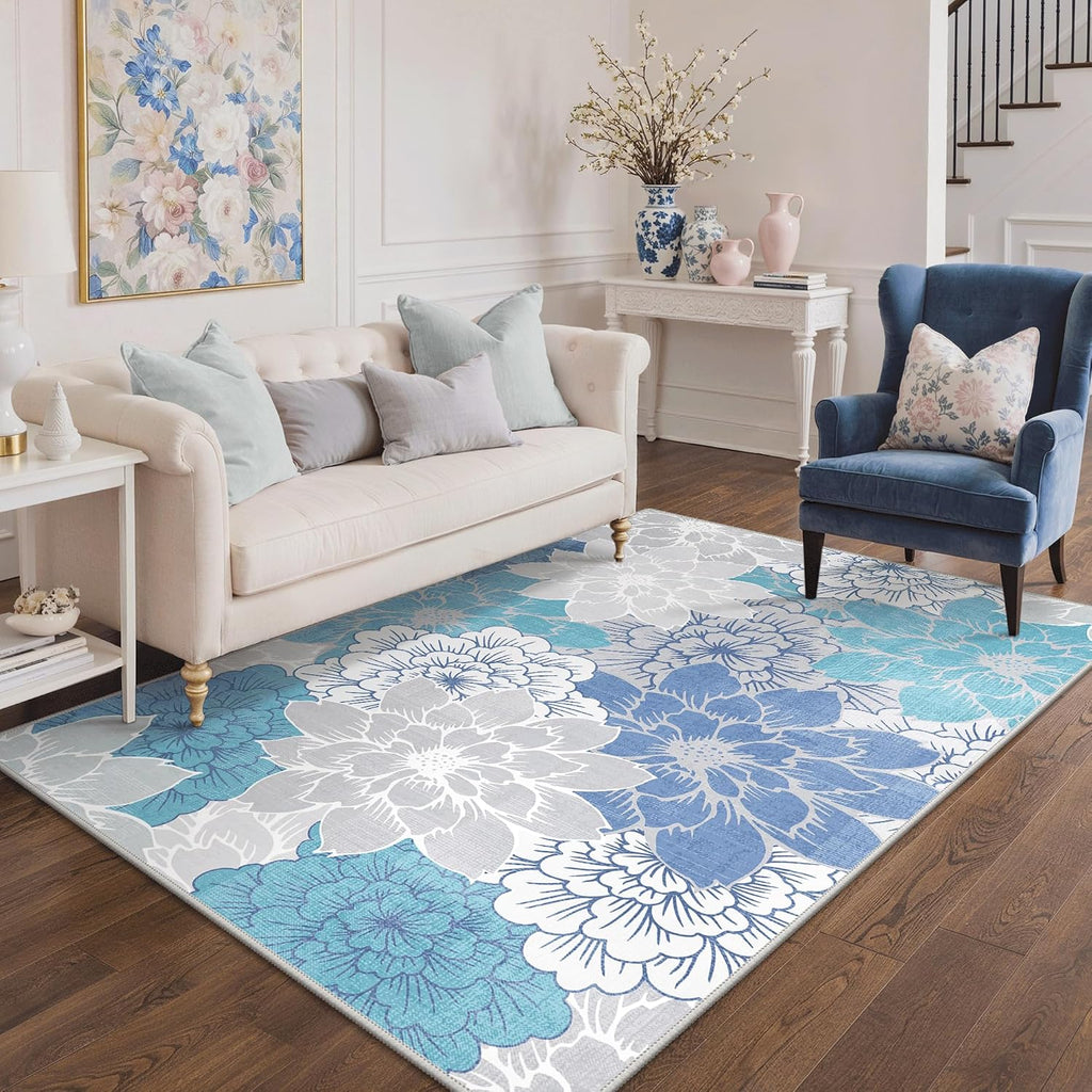 GENIMO Indoor Outdoor Area Rug 9'x12', Machine Washable Rugs for Patio, Waterproof, Non-Slip Easy Cleaning Floral Outdoor Mat Carpet for Living Room, Bedroom, RV, Balcony, Deck, Camping, Light Blue