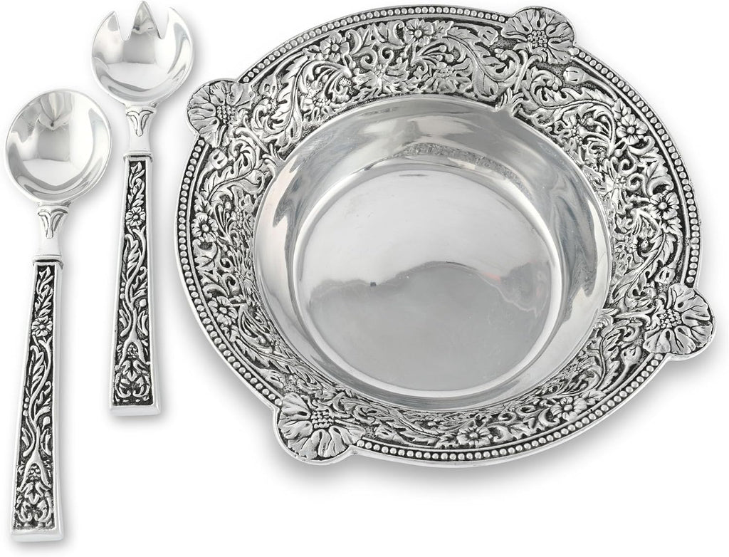 Arthur Court Concho Pattern Salad Bowl with Serving Set 11.75' Diameter 3.5' Tall - 3 Pieces - Aluminum Metal