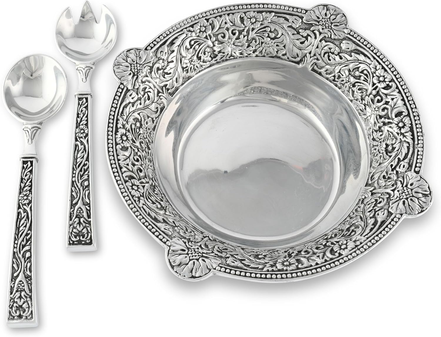 Arthur Court Concho Pattern Salad Bowl with Serving Set 11.75' Diameter 3.5' Tall - 3 Pieces - Aluminum Metal