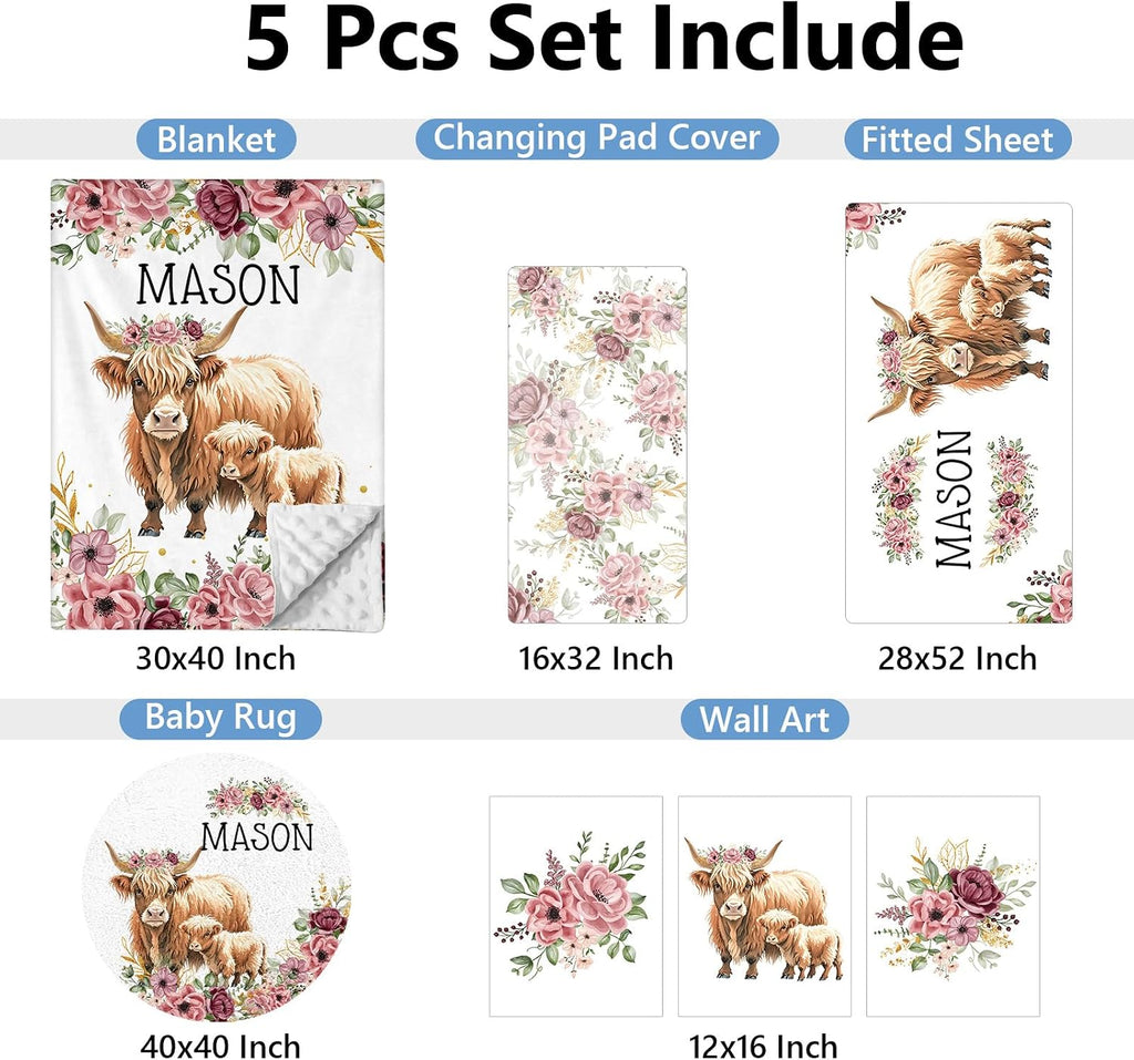 KAINSY Personalized Baby Bedding Set, 5 Pcs Custom Baby Crib Set with Name, Soft Flannel Highland Cow Crib Bedding Set for Girls, Double Layer Nursery Bedding Set, New Parents Toddlers Infants Gift