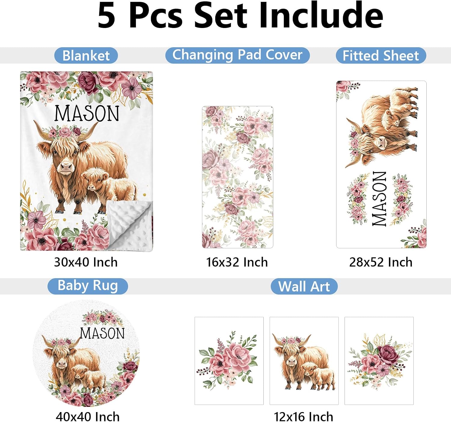 KAINSY Personalized Baby Bedding Set, 5 Pcs Custom Baby Crib Set with Name, Soft Flannel Highland Cow Crib Bedding Set for Girls, Double Layer Nursery Bedding Set, New Parents Toddlers Infants Gift
