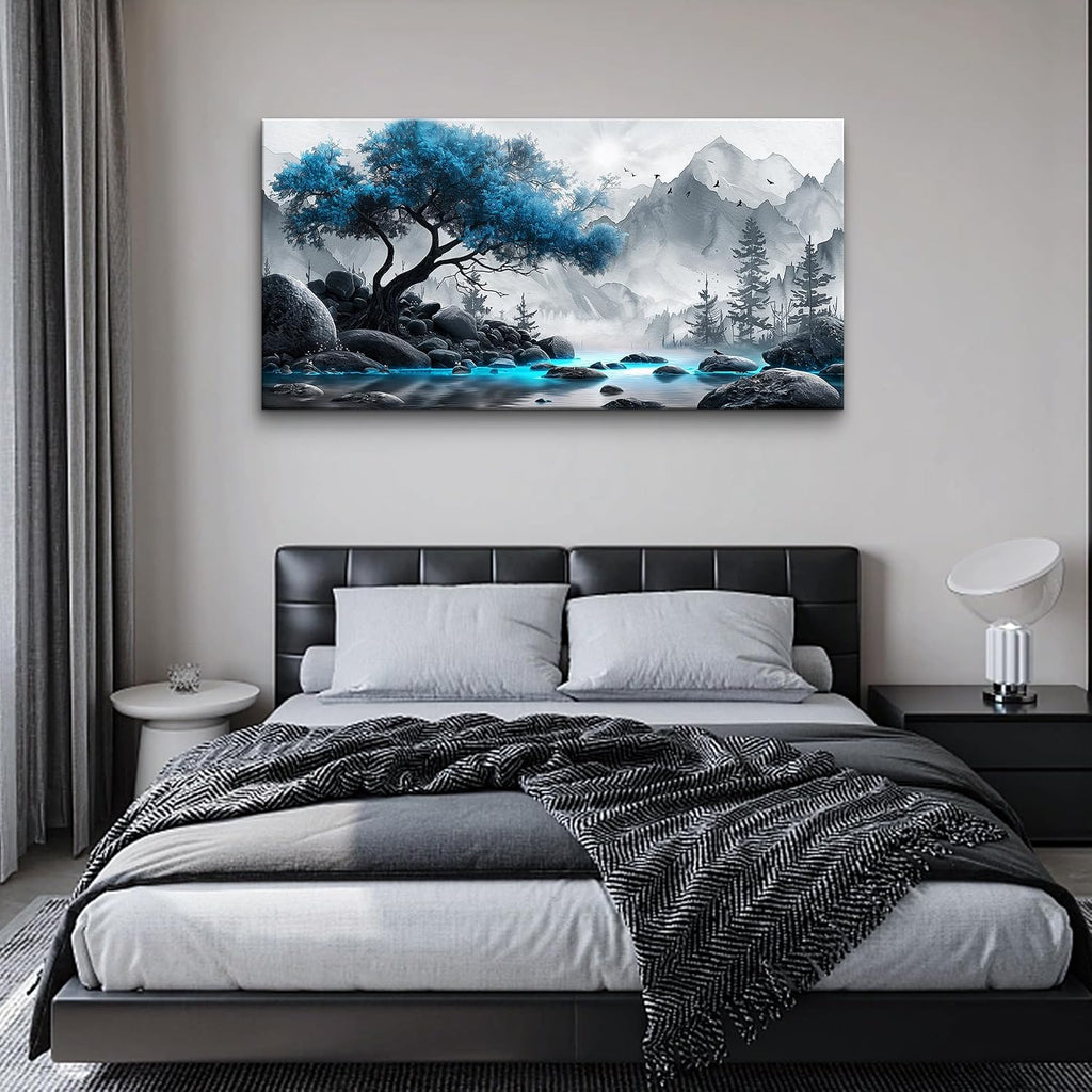 Lapremoly Large Canvas Wall Art For Living Room, Office, Bedroom - Black And White Painting - Blue Tree Landscape - Hotel Artwork - Family Home Decor