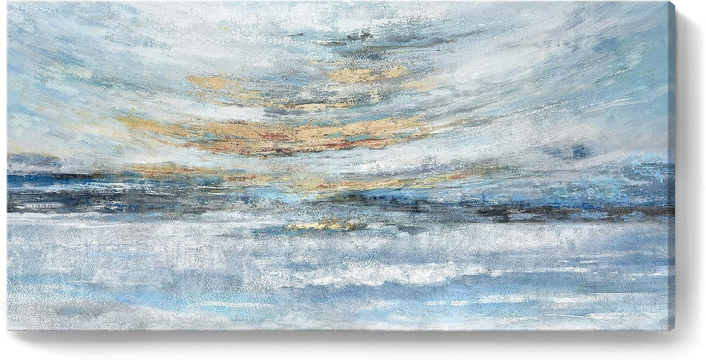 Extra Large Framed Wall Art for Living Room Light Blue Huge Canvas Print Modern Ocean Skyline and Sunset Wall Picture Coastal Themed Seaside Sea Artwork for Home Bedroom Décor 58x29inch Décor