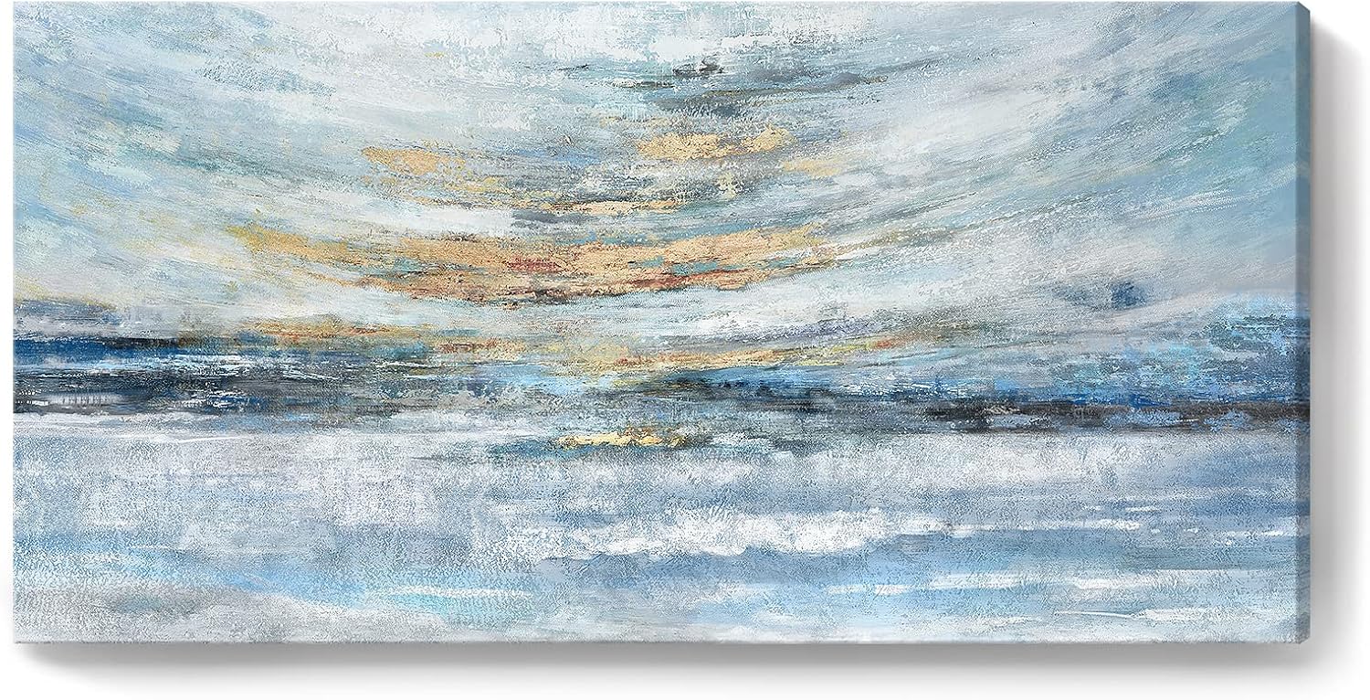 Extra Large Framed Wall Art for Living Room Light Blue Huge Canvas Print Modern Ocean Skyline and Sunset Wall Picture Coastal Themed Seaside Sea Artwork for Home Bedroom Décor 58x29inch Décor