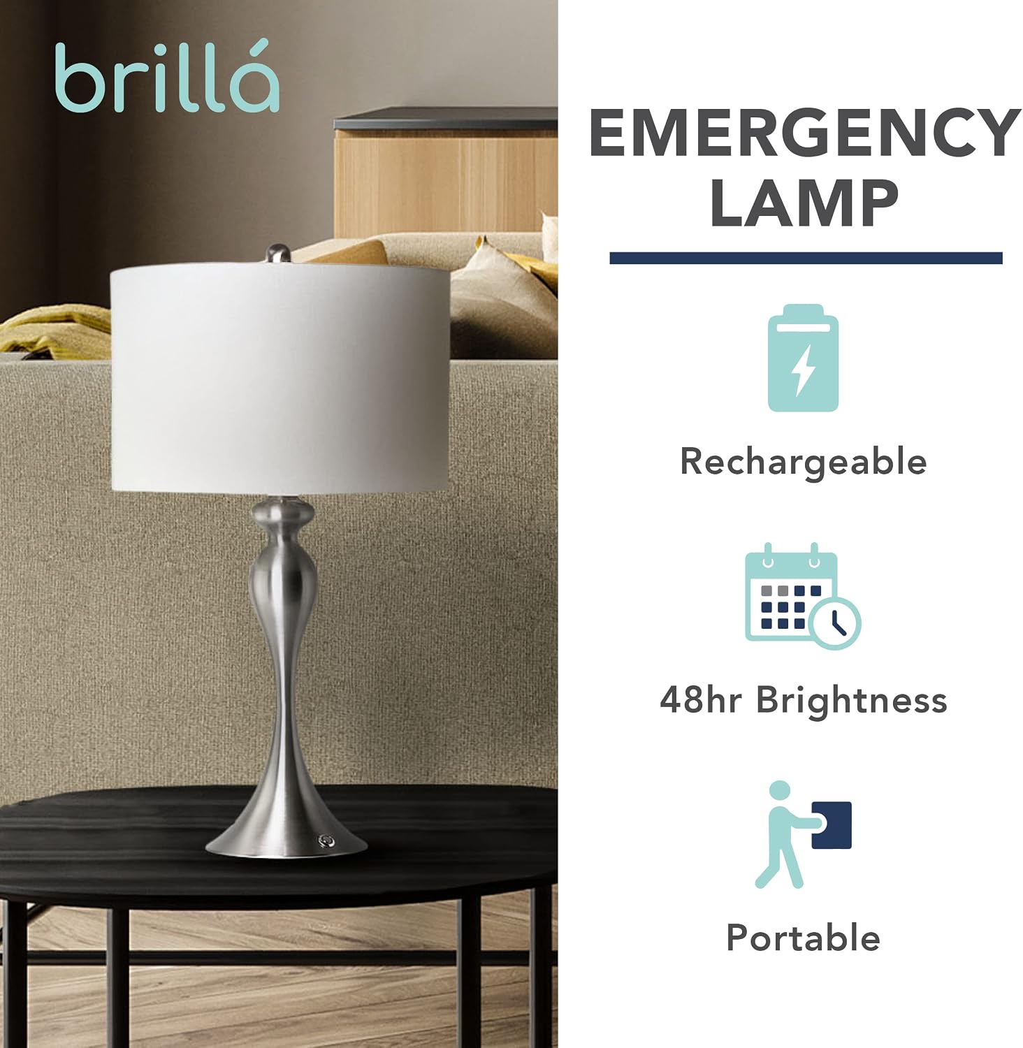 My Magic Carpet Brillá Metal LED Rechargeable Lamp - Battery Operated Desk Light with Built in Battery - Cordless LED Table Lamp for Home - Wireless Lantern for Office, Bedroom, & Living Room (25.5')