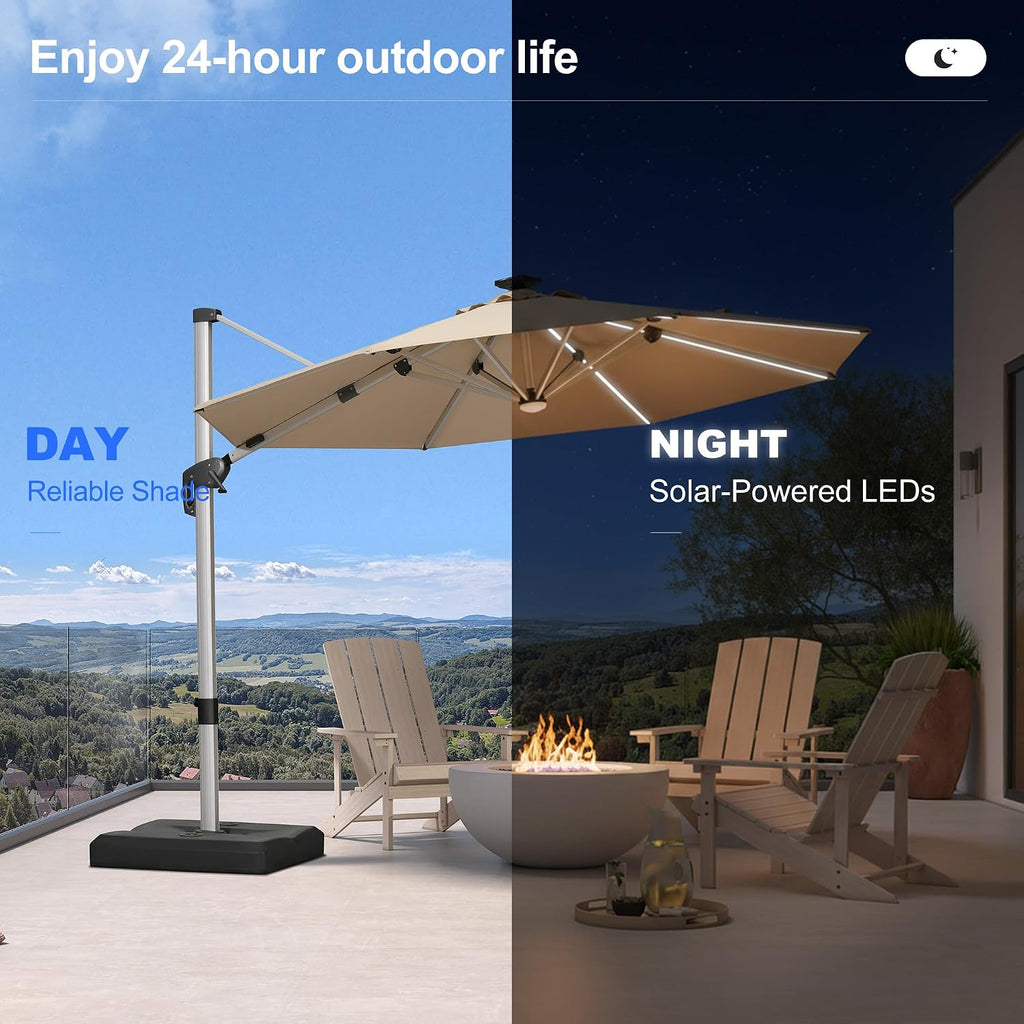 PURPLE LEAF Cantilever Umbrella with base 10ft Outdoor Round Patio Solar Powered LED Umbrella with 360-degree Rotation for Garden Deck Pool Patio, Beige