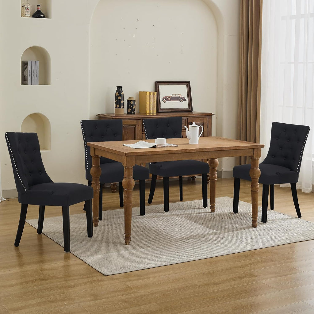 adochr Dining Chairs Set of 4, Modern Mid Century Kitchen Chairs with Wooden Legs & Linen Fabric Back, Dining Room Chairs with Pull Rings & Nailhead Trim, Black