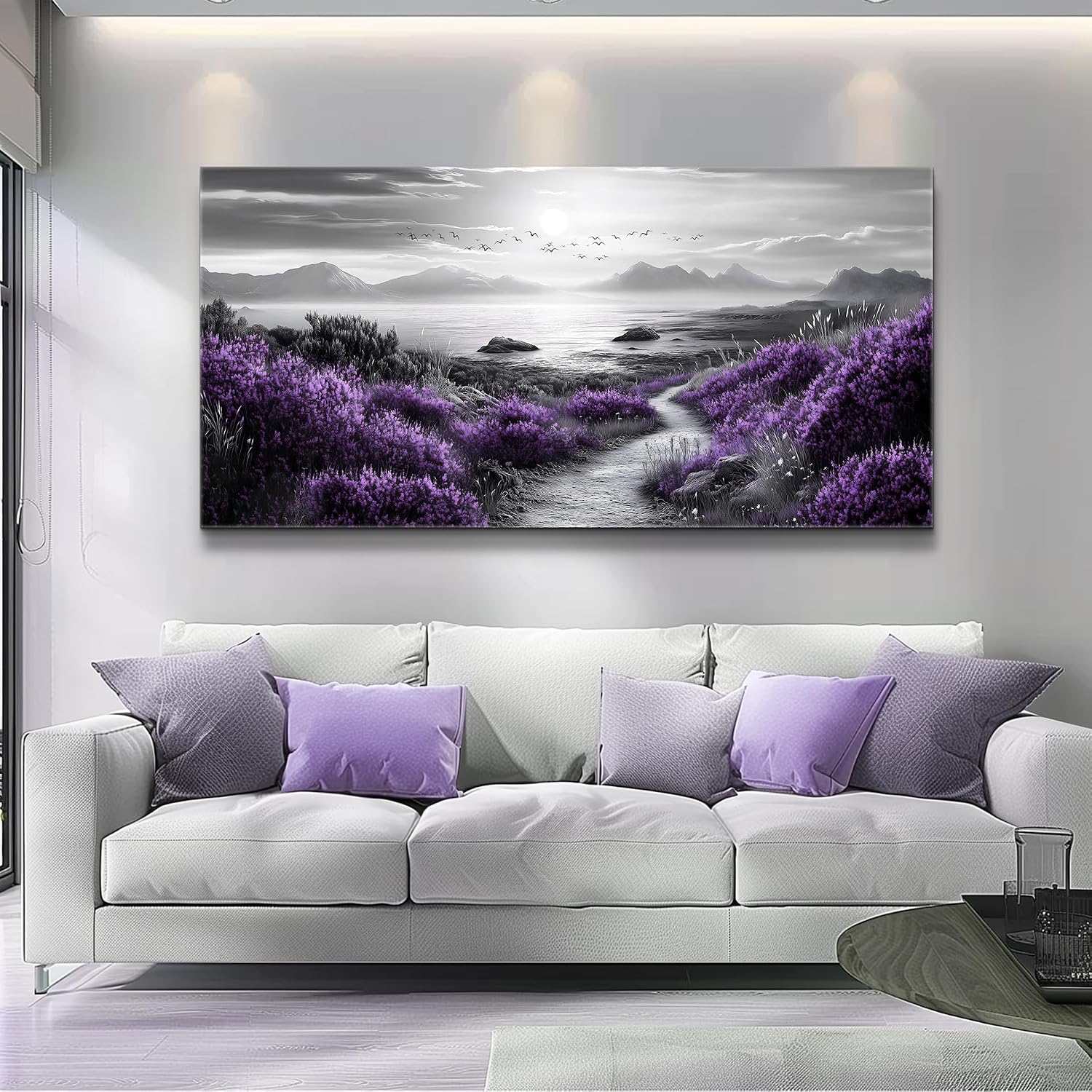 FUHAIHUA Canvas Wall Art For Living Room Large Wall Decor For Office Bedroom Decorations Purple Flowers Landscape Pictures Black And White Painting Artwork Wall Mural Aesthetic Home Decor 30x60 In