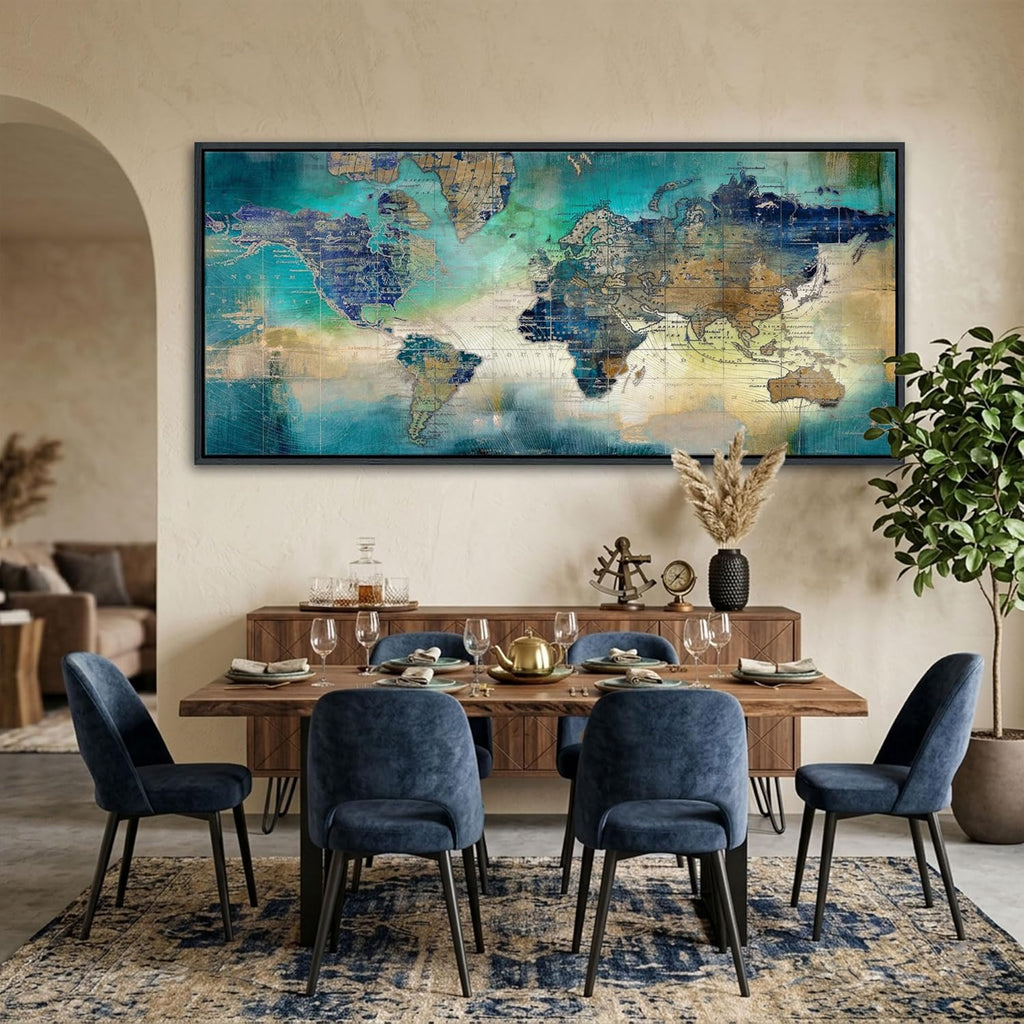 Large World Map Canvas Prints Wall Art for Living Room Office Green World Map Picture Artwork Decor for Home Decoration Black Framed Wall Art