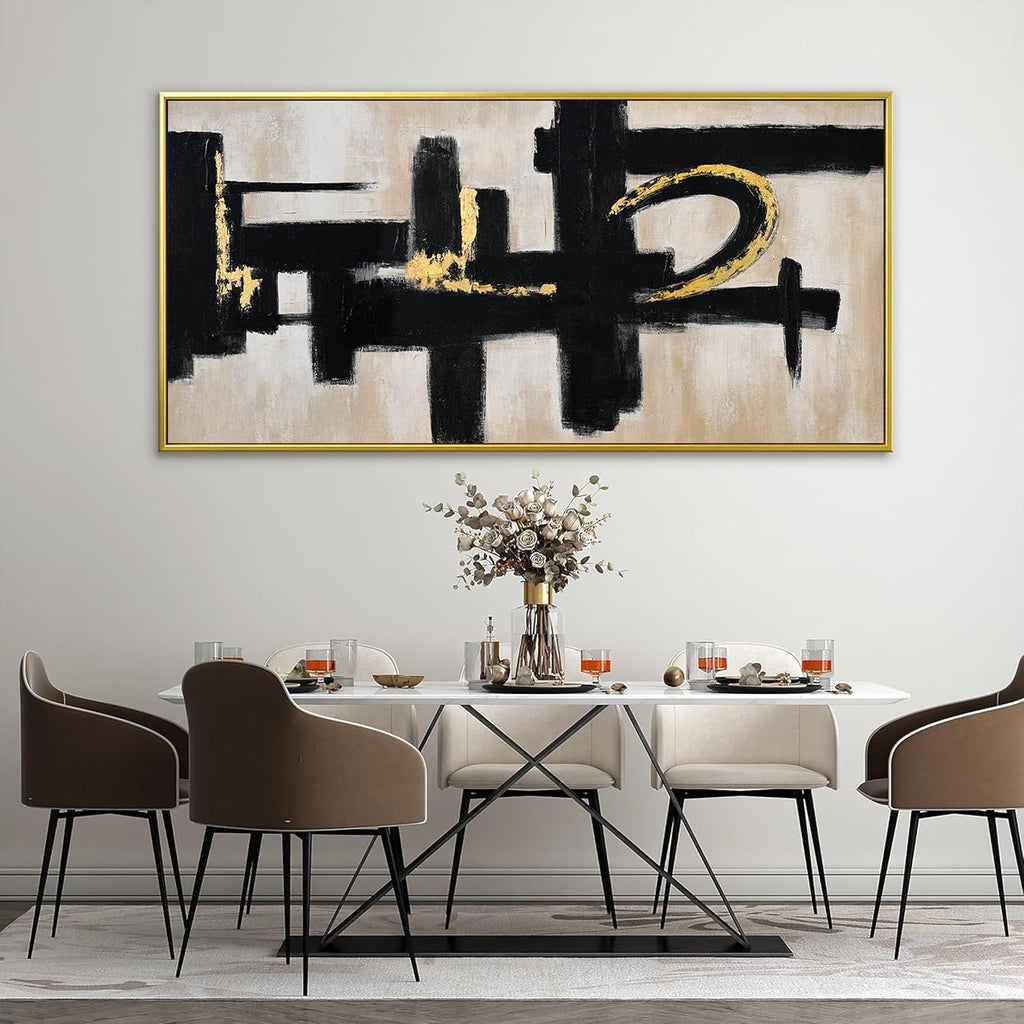 QSQ Black And Off-White Wall Art Abstract Picture Paintings On Canvas Art Wall Decor 29 x 58 Inches Large Gold Framed Wall Art Living Room Minimalism Abstract Wall Decor Bedroom Office Artwork