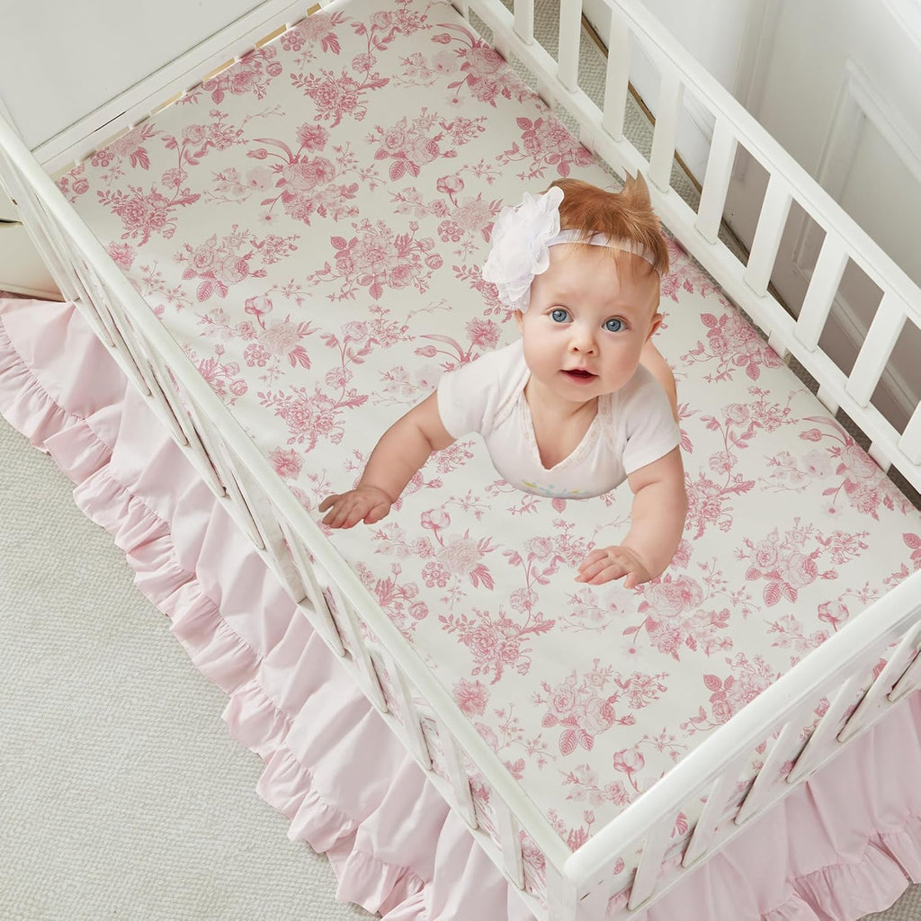 Brandream French Country Toile Crib Bedding Set for Girls Pink Grandmillennial Toile Vintage Floral Print 100% Cotton Baby Girl Nursery Bedding - Ruffles Quilt,Toile Crib Sheet,Crib Bed Skirt,3 Pieces