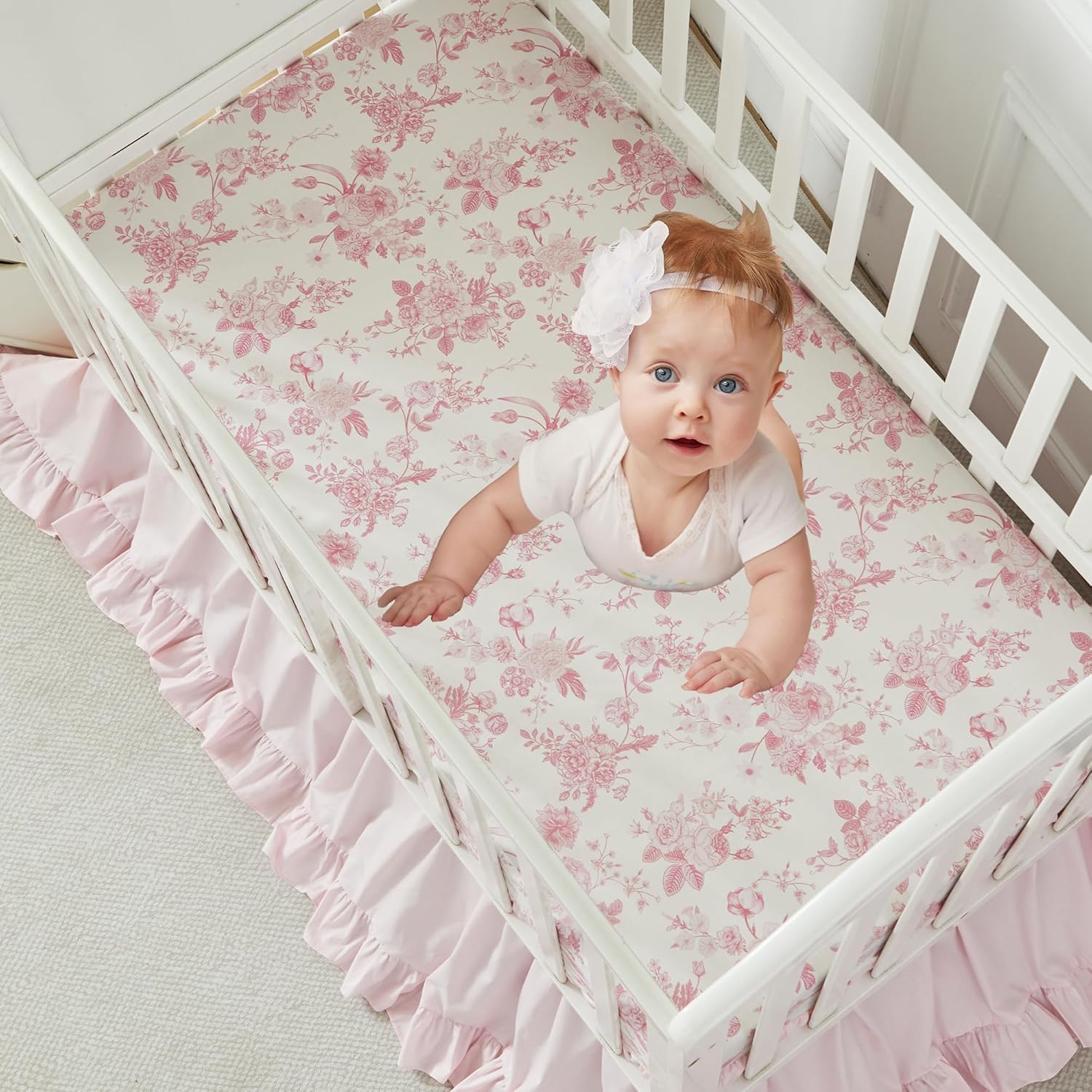 Brandream French Country Toile Crib Bedding Set for Girls Pink Grandmillennial Toile Vintage Floral Print 100% Cotton Baby Girl Nursery Bedding - Ruffles Quilt,Toile Crib Sheet,Crib Bed Skirt,3 Pieces