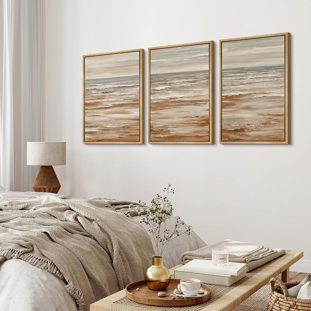 MUDECOR Framed Wall Art Print Set Neutral Coastal Seascape Minimalist Ocean Waves and Sandy Shore Illustrations Modern Art Boho Decorative for Living Room, Bedroom, Office - 24'x36'x3 NATURAL