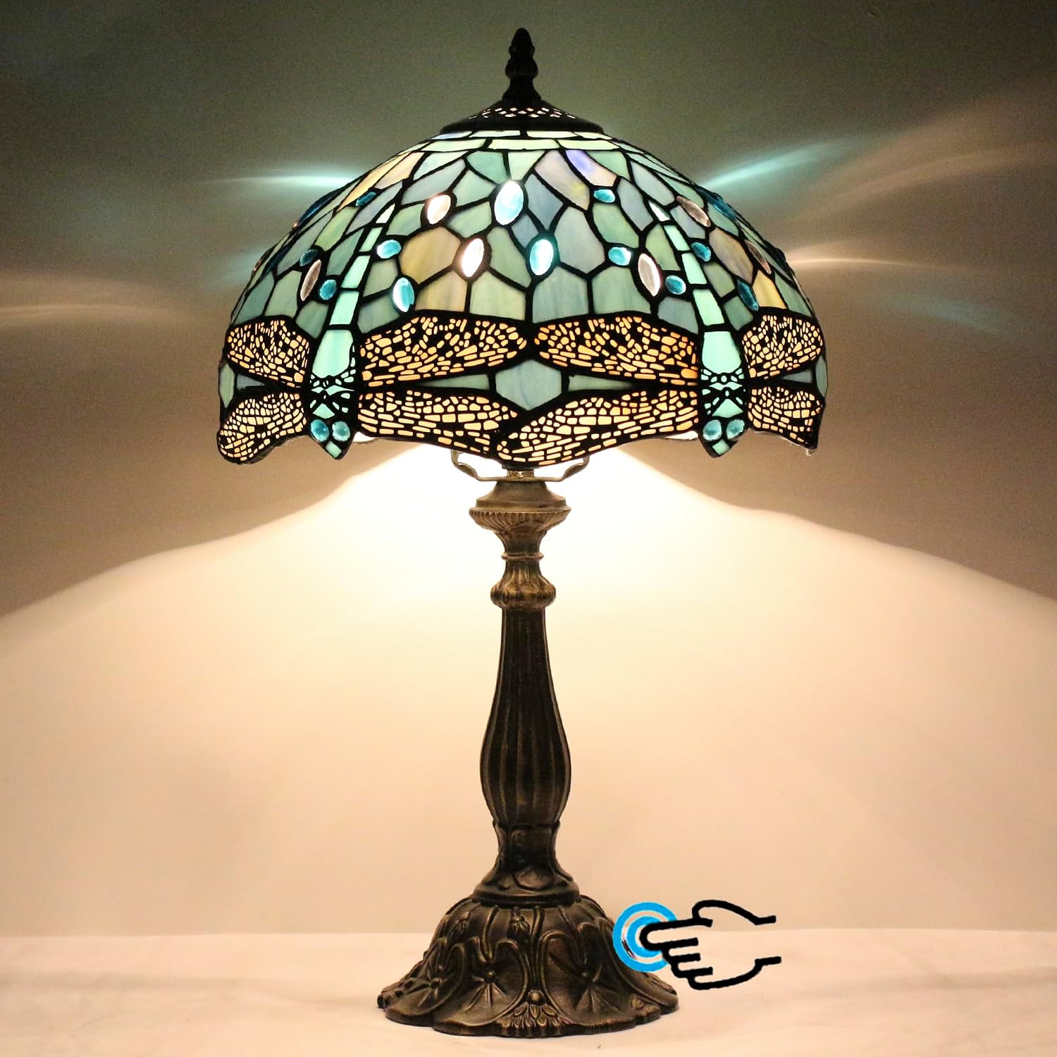 Tiffany Lamp Touch Control Table Lamp Sea Blue Stained Glass Desk Lamp 12X12X19 Inches Dragonfly Style Reading Light