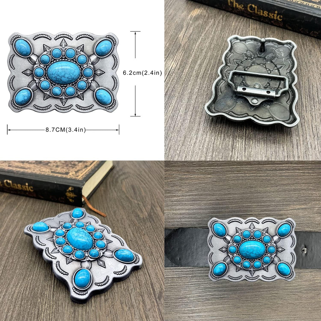 Men's Western Belt Buckle - Vintage Turquoise with Native American & Cowboy Elements