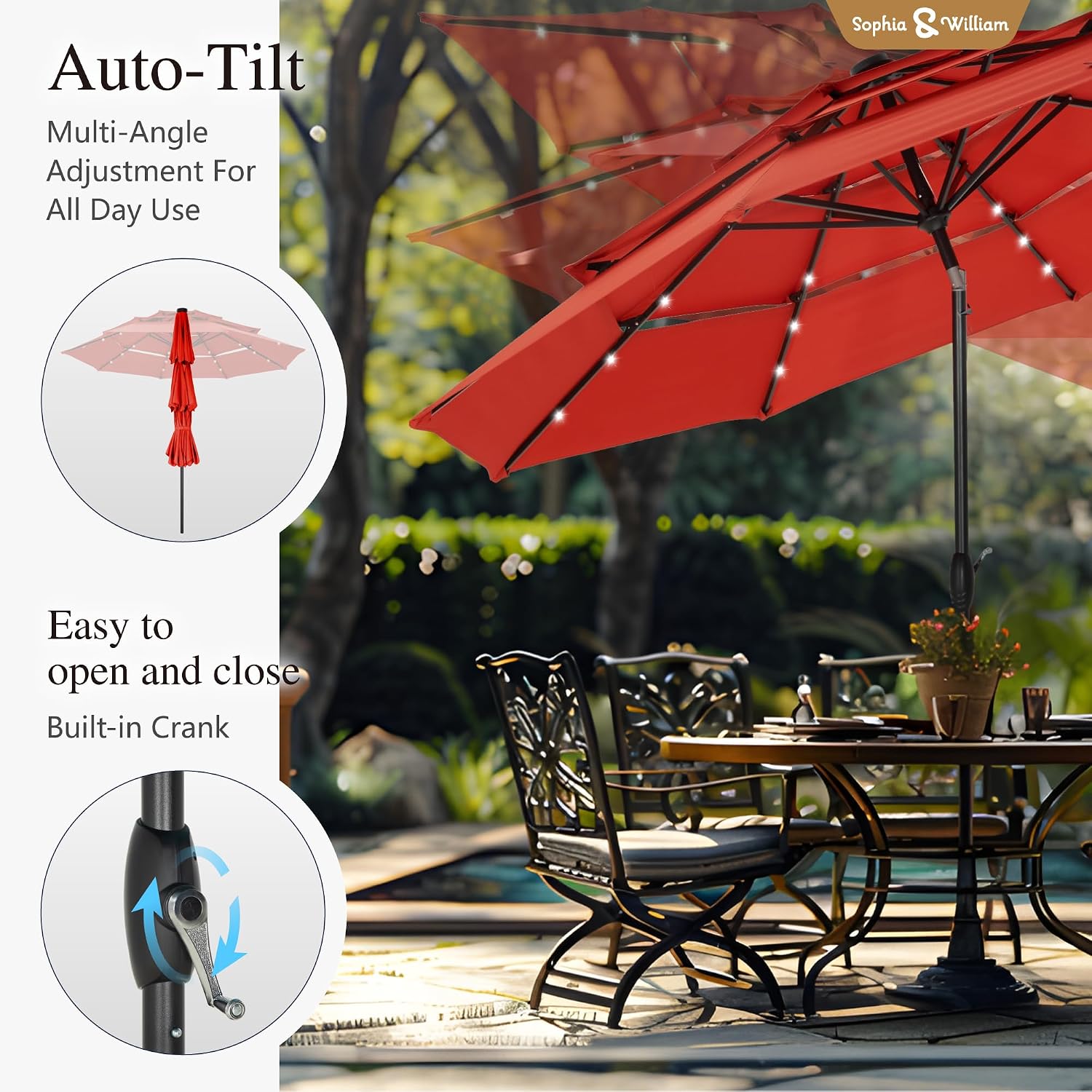 Sophia & William 10ft Patio Umbrellas 3-Tier Umbrella Outdoor Patio Umbrellas with Lights Vented Top 24 LED lights Adjustable Tilt for Pool Garden Backyard, Red