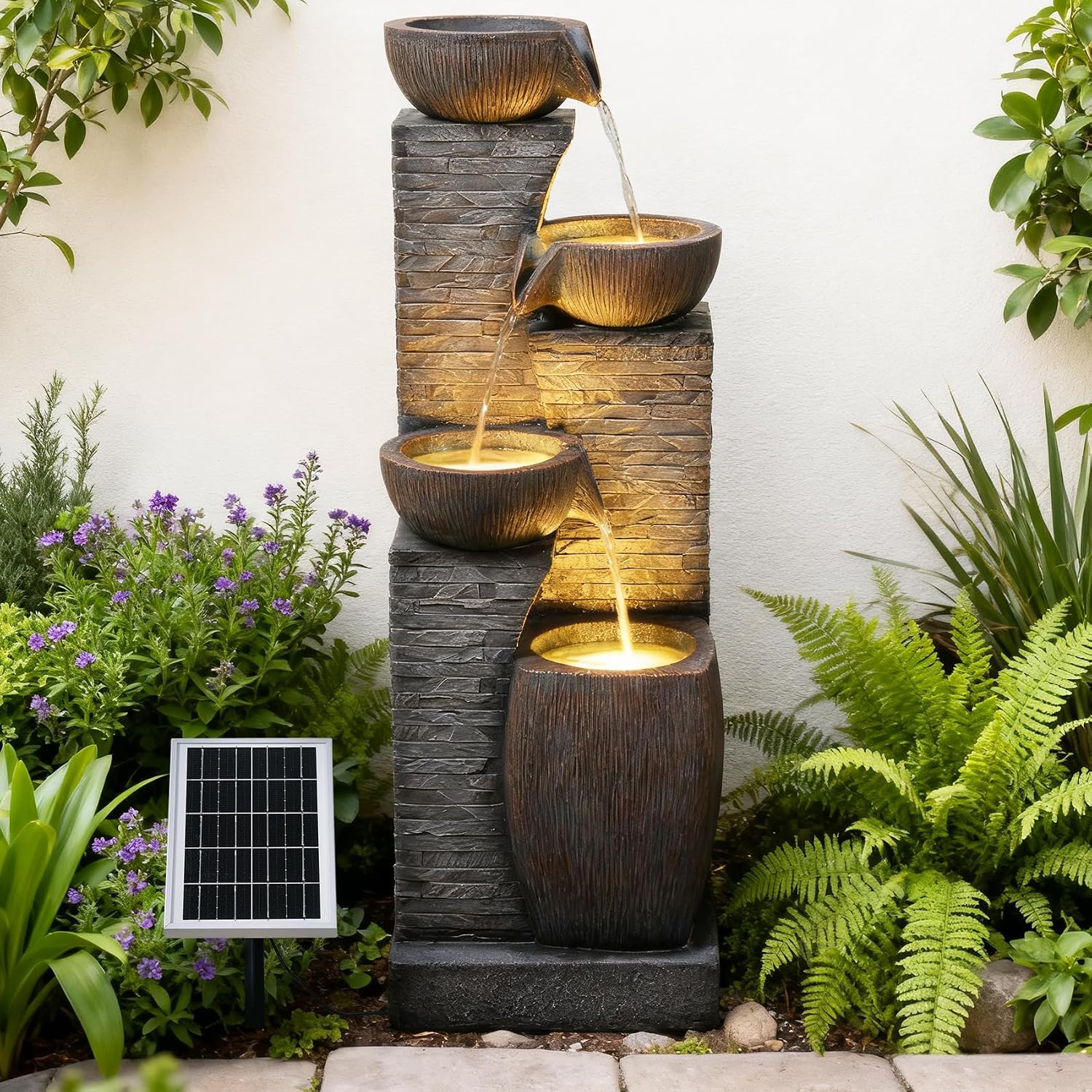 38.2' Tall Solar Water Fountain Outdoor Garden,4 Tiers Modern Cascading Bowls and Stacked Stones Solar Powered Fountains with LED Lights for Garden, Patio, Deck, Porch, Backyard, Lawns