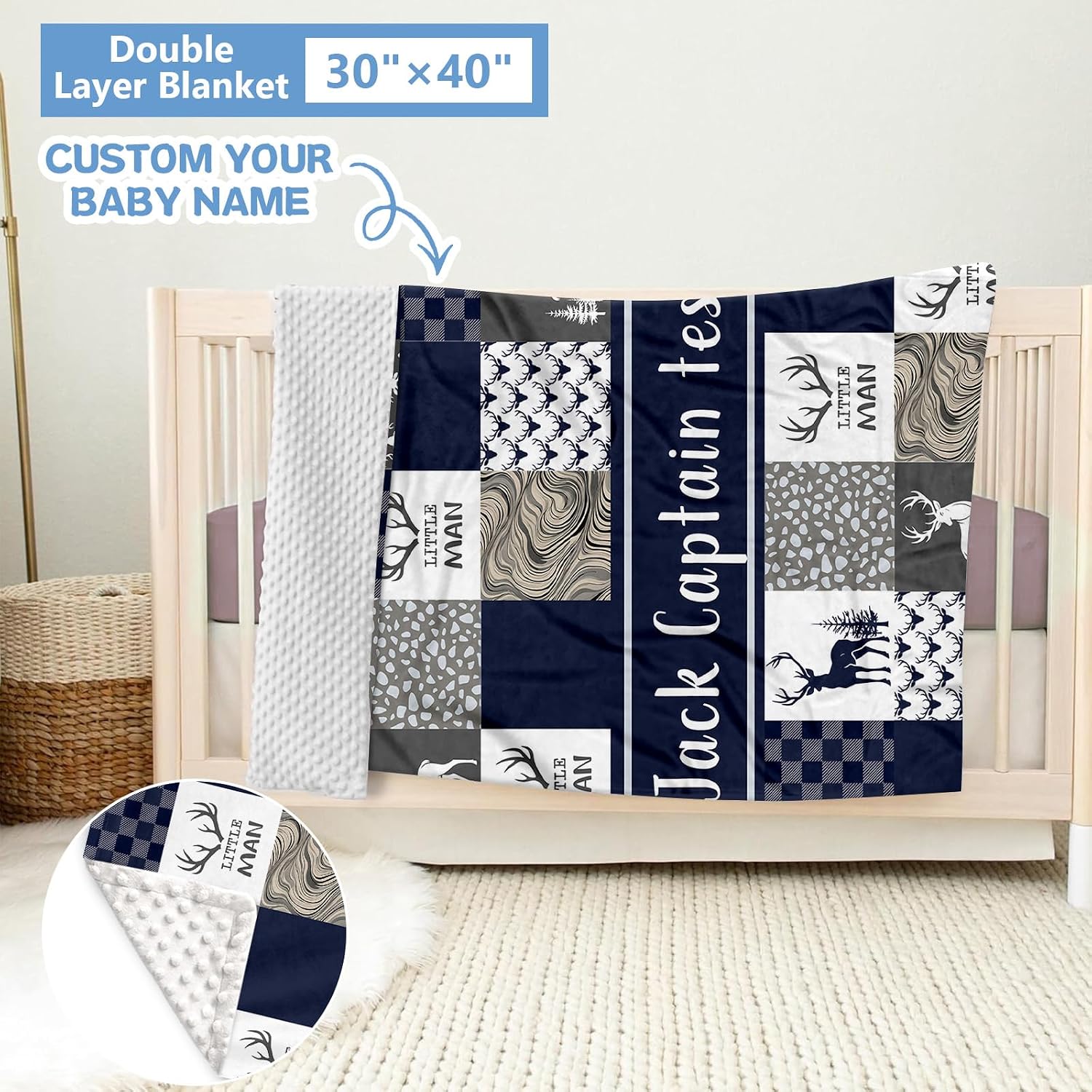 KAINSY Personalized Baby Bedding Set, 5 Pcs Custom Name Crib Bedding Set, Double Layer Blue Nursery Bedding Set for Baby Boys, Woodland Deer Baby Crib Set, Gifts for Toddlers Infants New Parents
