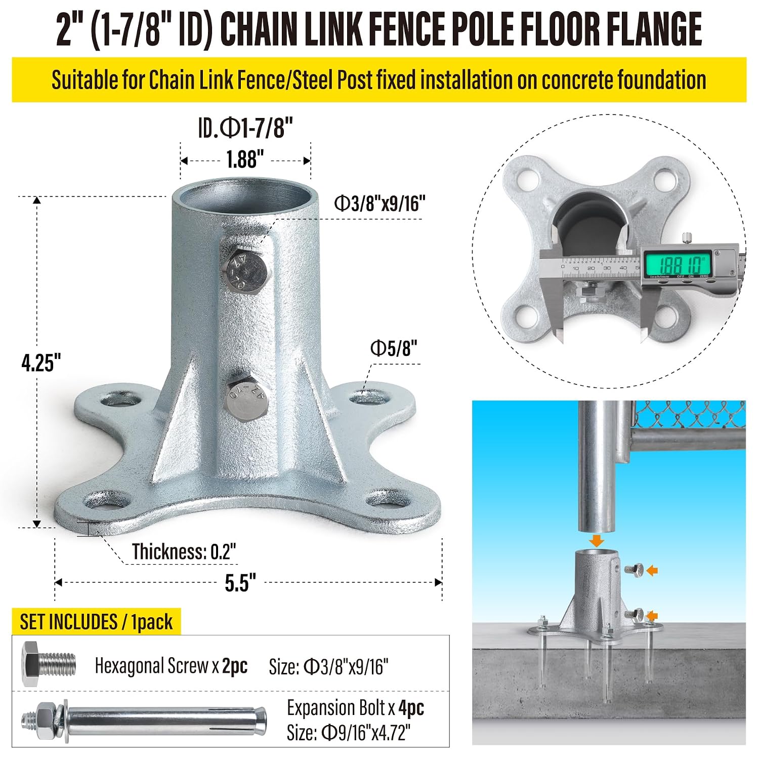 Post 2' (1 7/8' OD) Chain Link Fence Post Floor Flange Bracket, for Chain Link Fence Posts, Mailboxes, and Other Steel Round Post Galvanized Anchor Flange Bases (4 Pack)