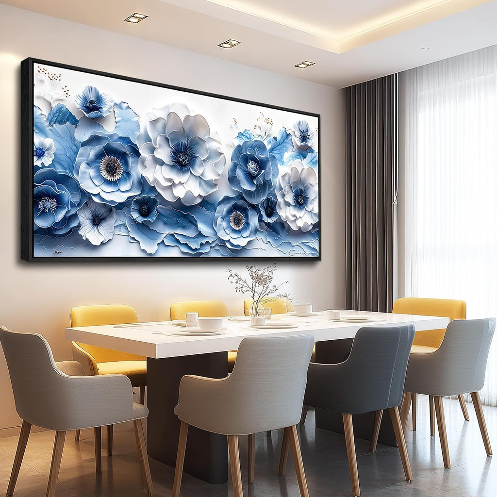 XIGUANGART Large Wall Art for Living Room Blue and White Flower Prints Paintings for Office Modern Black Framed Artwork Floral Pictures Wall Decoration for Bedroom Kitchen Women Aesthetic Home Decor
