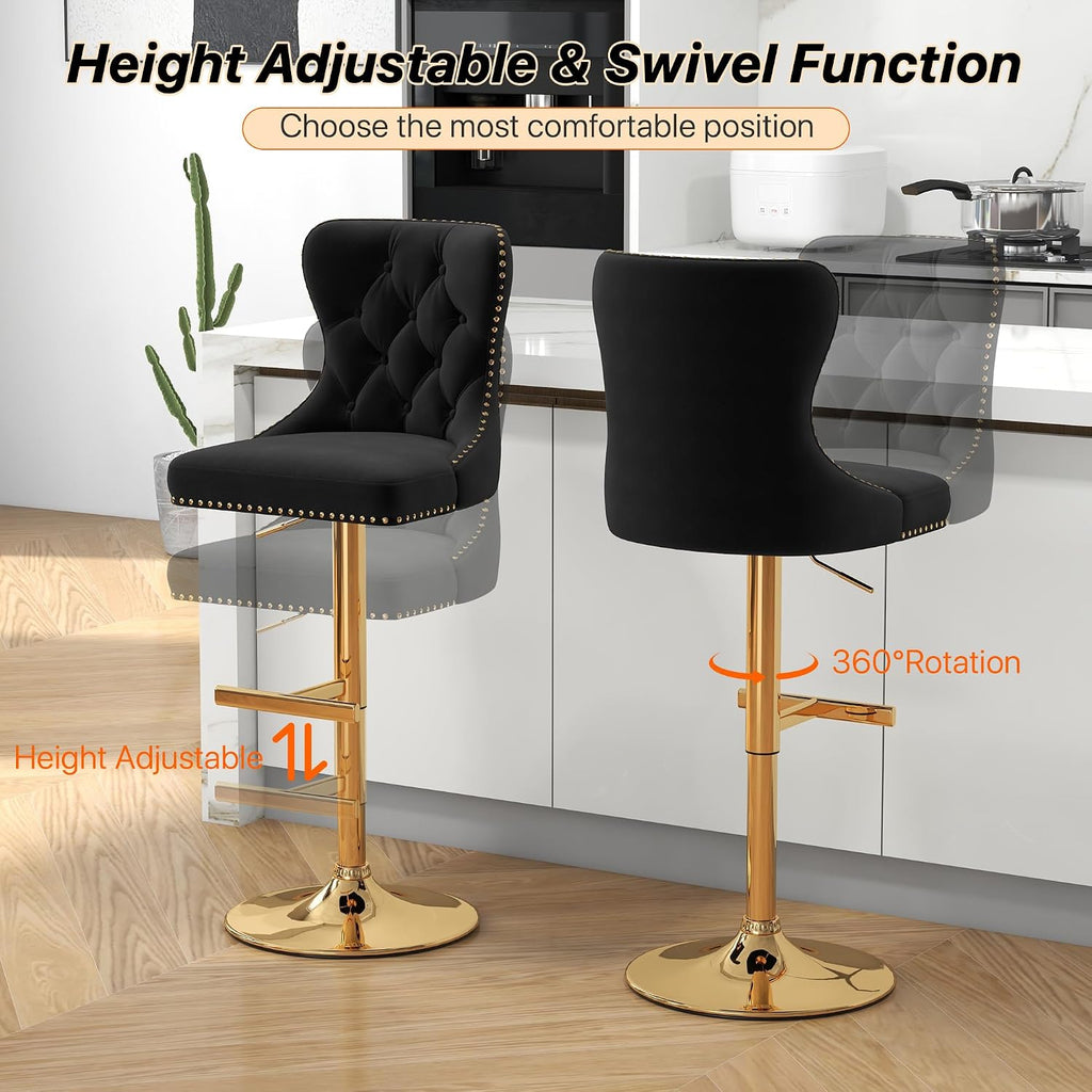 Velvet Tufted Barstools Set of 4, Swivel Counter Chairs with Diamond Lattice Back, Height Adjustable Seat with Rivet Trim Metal Pull, Elegant Design, Black