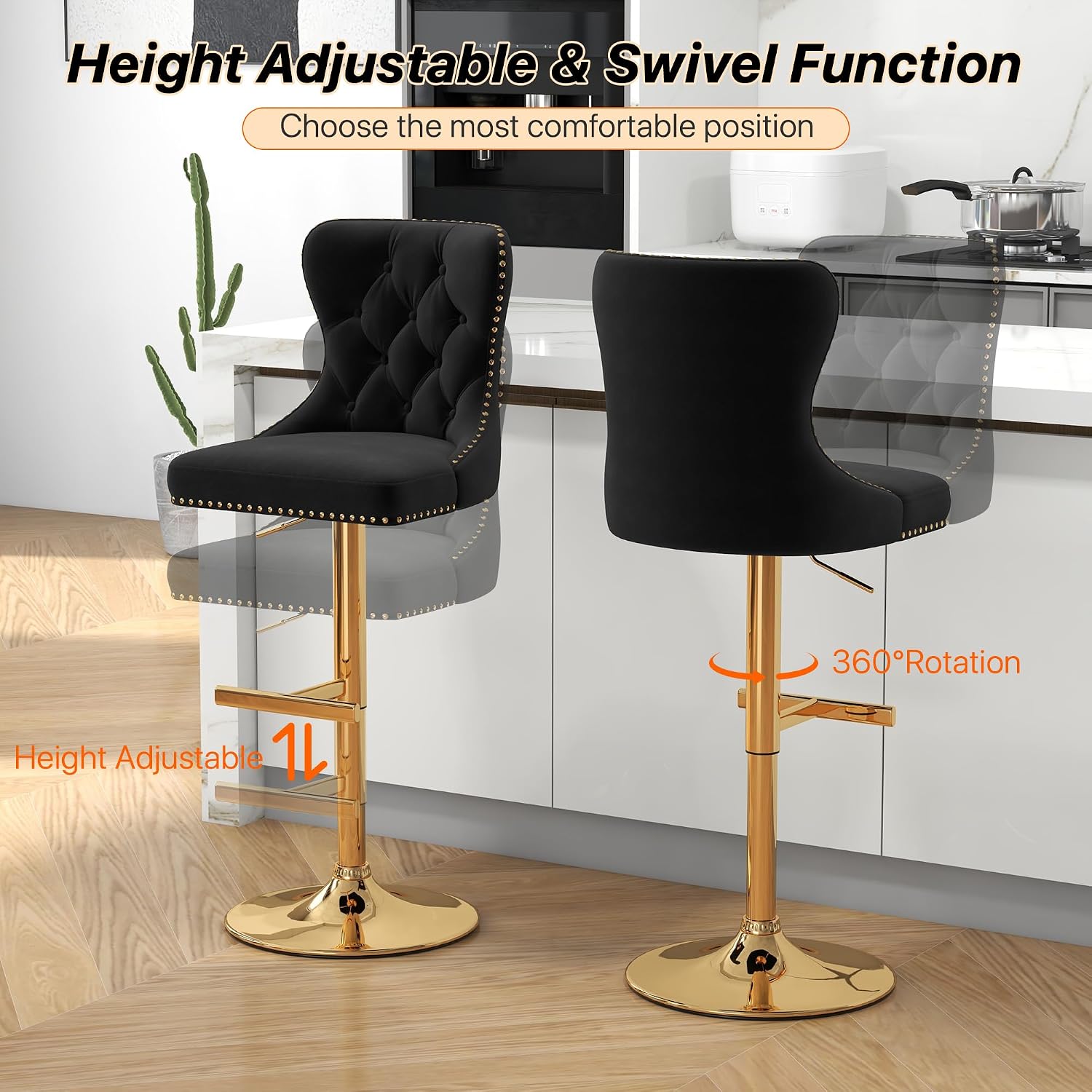 Black Velvet Tufted Barstools Set of 6, Swivel Counter Chairs with Diamond Lattice Back, Height Adjustable Seat with Rivet Trim Metal Pull