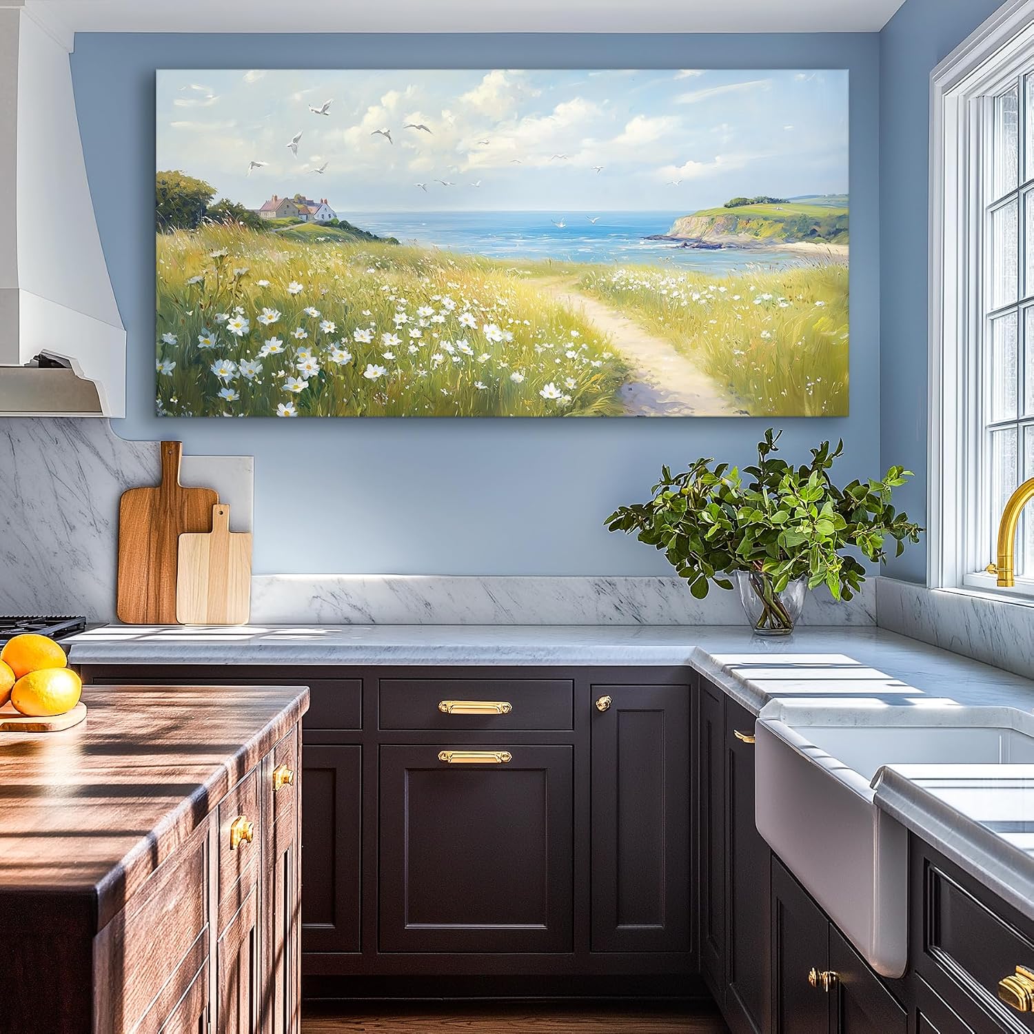 SERIMINO Seaside Nature Large Wall Art, Coastal Landscape Big Canvas Prints, Meadow Wildflowers Pictures Wall Decor, Sunny Scenery Home Decorations for Living Room Bedroom Farmhouse Cottage 29'X57'