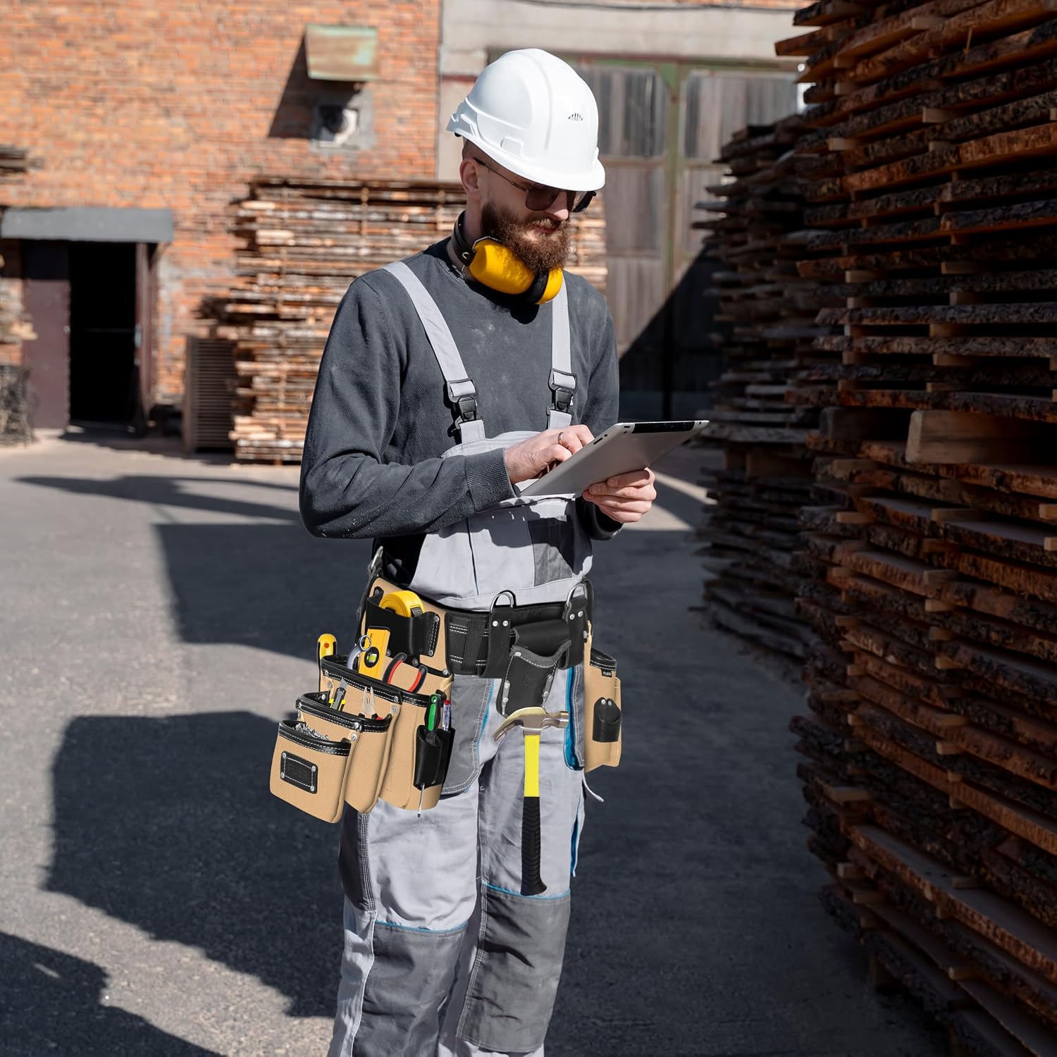 FUERI Electrician's Heavy Duty 26 Pocket Leather-Nylon Tool Belt & Bag Combo for Men, Comfort Back Support Padded Belt, 2 Large Storage Capacity Pouches, Best for Framers, Carpenter, Roofing