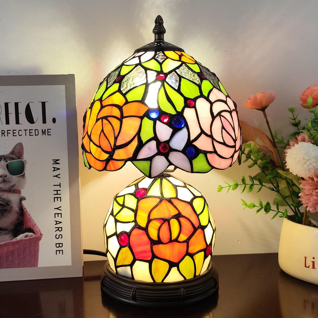Tiffany Table Lamp Small Yellow Pink Roses Stained Glass Lamp Mother-Daughter Style Desk Reading Light with 2 LED Bulbs for Bedroom Living Room Office Decor