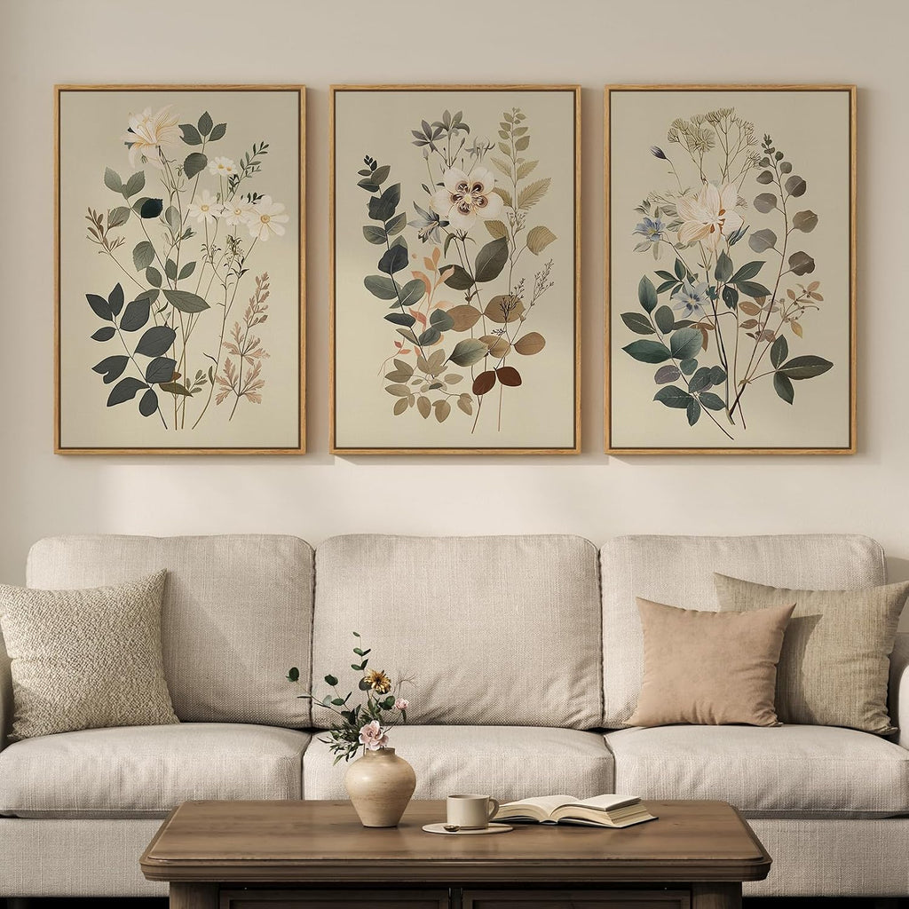 Framed Vintage Botanical Wall Art for Living Room, 3 Piece Neutral Floral Canvas Artwork for Modern Farmhouse Walls, Rustic Green Flower Painting Prints for Bedroom Office Kitchen Wall Decor, 20x30