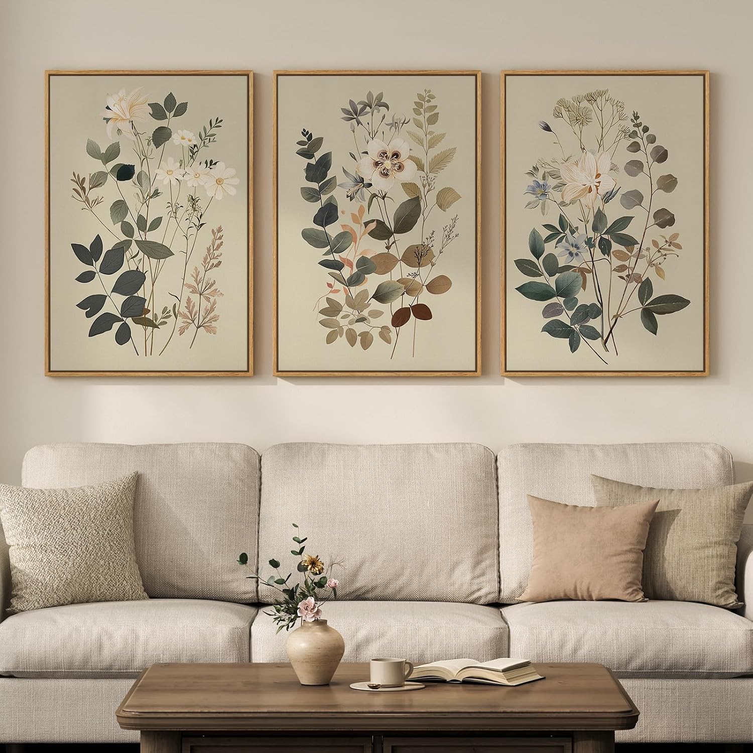 Framed Vintage Botanical Wall Art for Living Room, 3 Piece Neutral Floral Canvas Artwork for Modern Farmhouse Walls, Rustic Green Flower Painting Prints for Bedroom Office Kitchen Wall Decor, 20x30