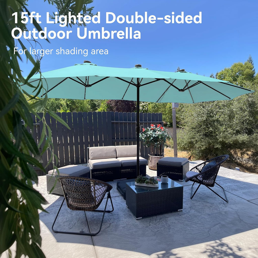 PHI VILLA 15ft Large Patio Umbrella with Solar Lights, Double-Sided Outdoor Market Rectangle Umbrellas with 36 LED Lights, Umbrella Base (Stand) Included, Turquois