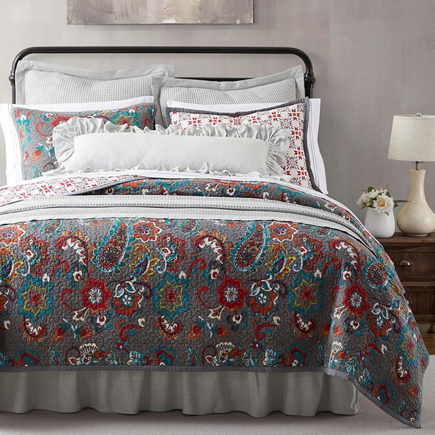 Paseo Road Abbie 3 Piece Quilt Set with Pillow Shams, Teal, King Size, Cotton Reversible Bed Set, Western Floral Farmhouse Style Bedding Set, 1 Quilt and 2 Pillow Cases