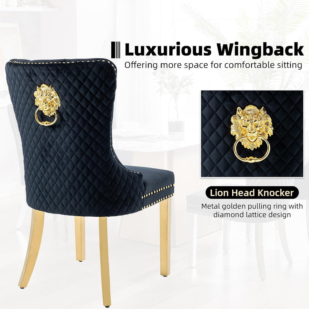 Velvet Dining Chairs Set of 4, Upholstered Dining Room Chairs, Mid-Century Modern Chairs with Diamond Lattice Tufted Back, Lion Pull Ring Rivet Trim, Golden Metal Legs for Kitchen, Black