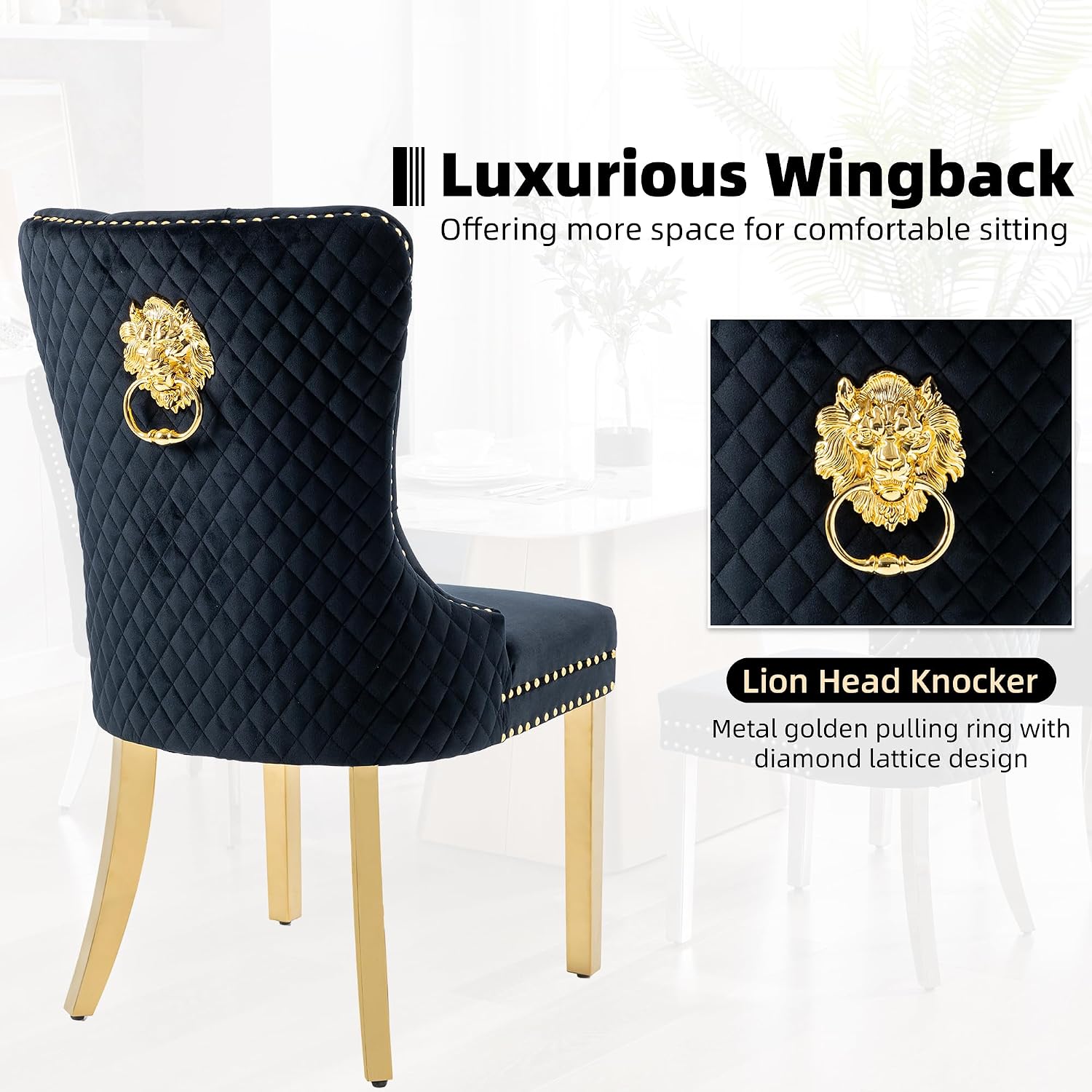 Velvet Dining Chairs Set of 4, Upholstered Dining Room Chairs, Mid-Century Modern Chairs with Diamond Lattice Tufted Back, Lion Pull Ring Rivet Trim, Golden Metal Legs for Kitchen, Black