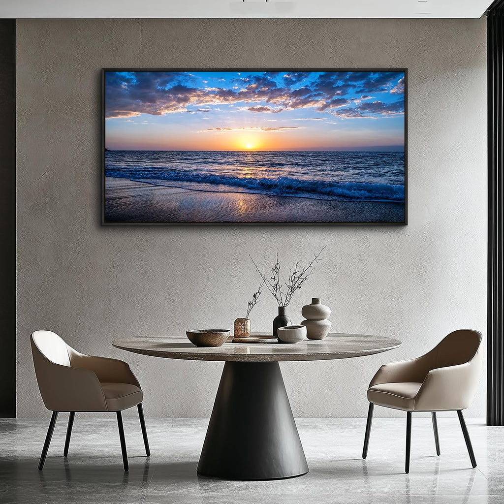 Blue Ocean Framed Wall Decor Living Room Large Size Canvas Wall Art For Bedroom Boho Home Decor Sea Beach Canvas Pictures Artwork Sunny Sea View Painting Office Wall Decorations Black Framed 30' X 60'