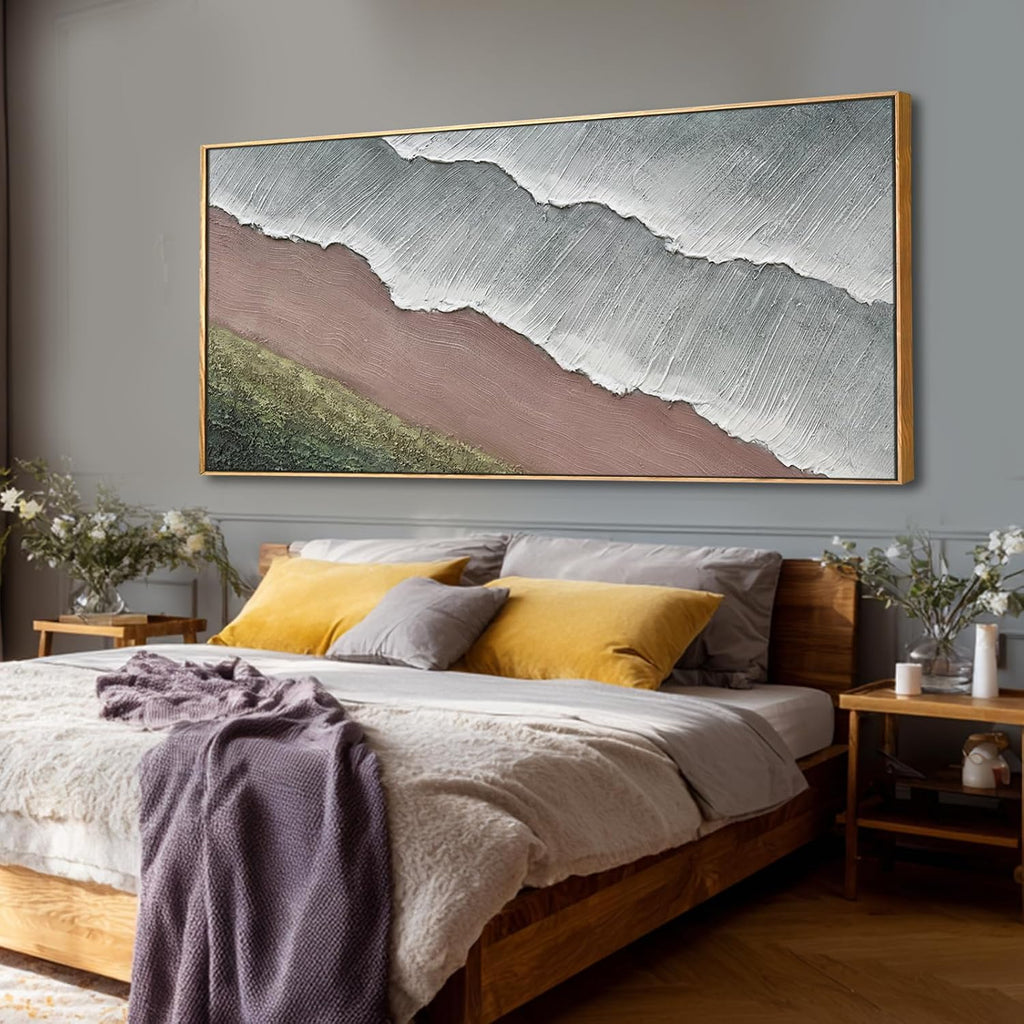 SHEYOYE Grey Blue and Taupe Abstract Mountain Canvas Wall Art with Olive Green Hills, 32x71 Large Textured Landscape Decor in Wooden Frame for Living Room Bedroom Entryway