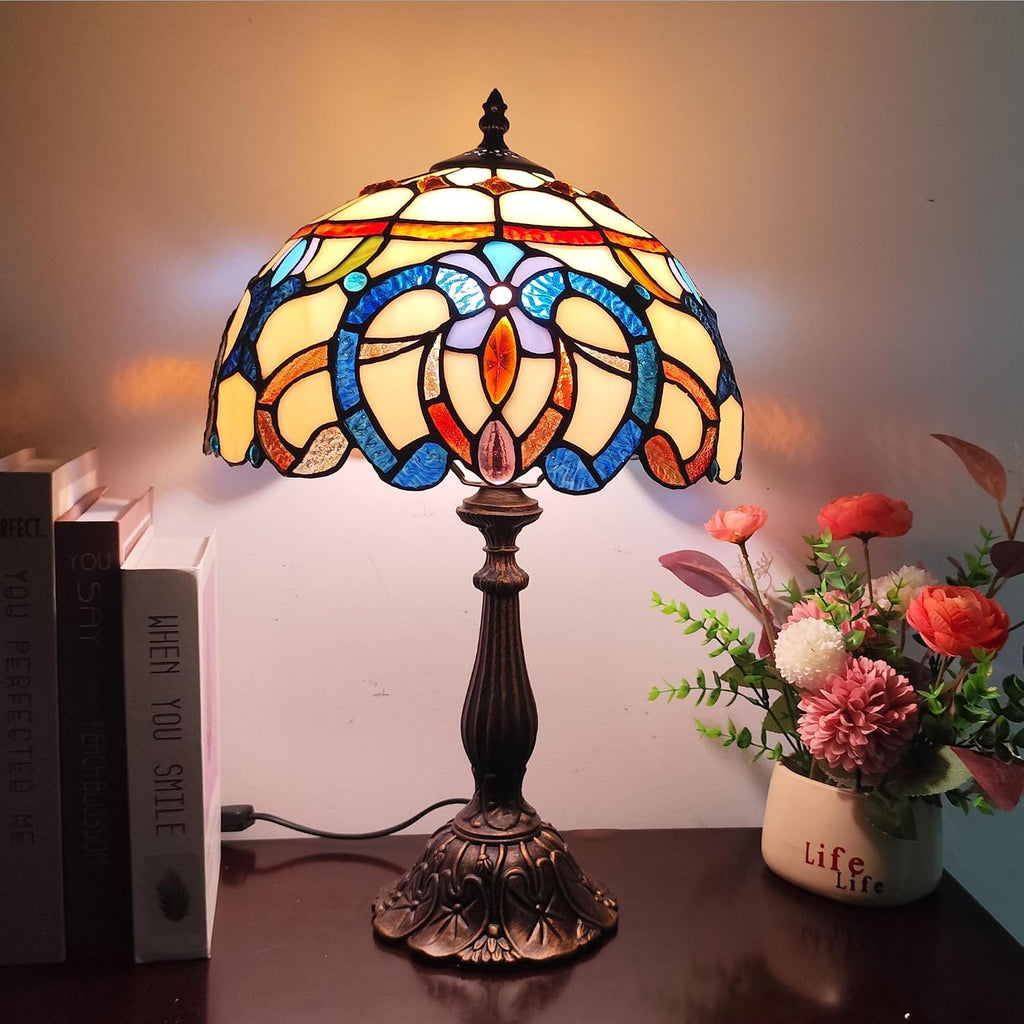 Tiffany Style Table Lamp Yellow Baroque Style Stained Glass Lamp, 12 Inch Antique Bedside Nightstand Light Home Decor for Bedroom Living Room, Included LED Bulb