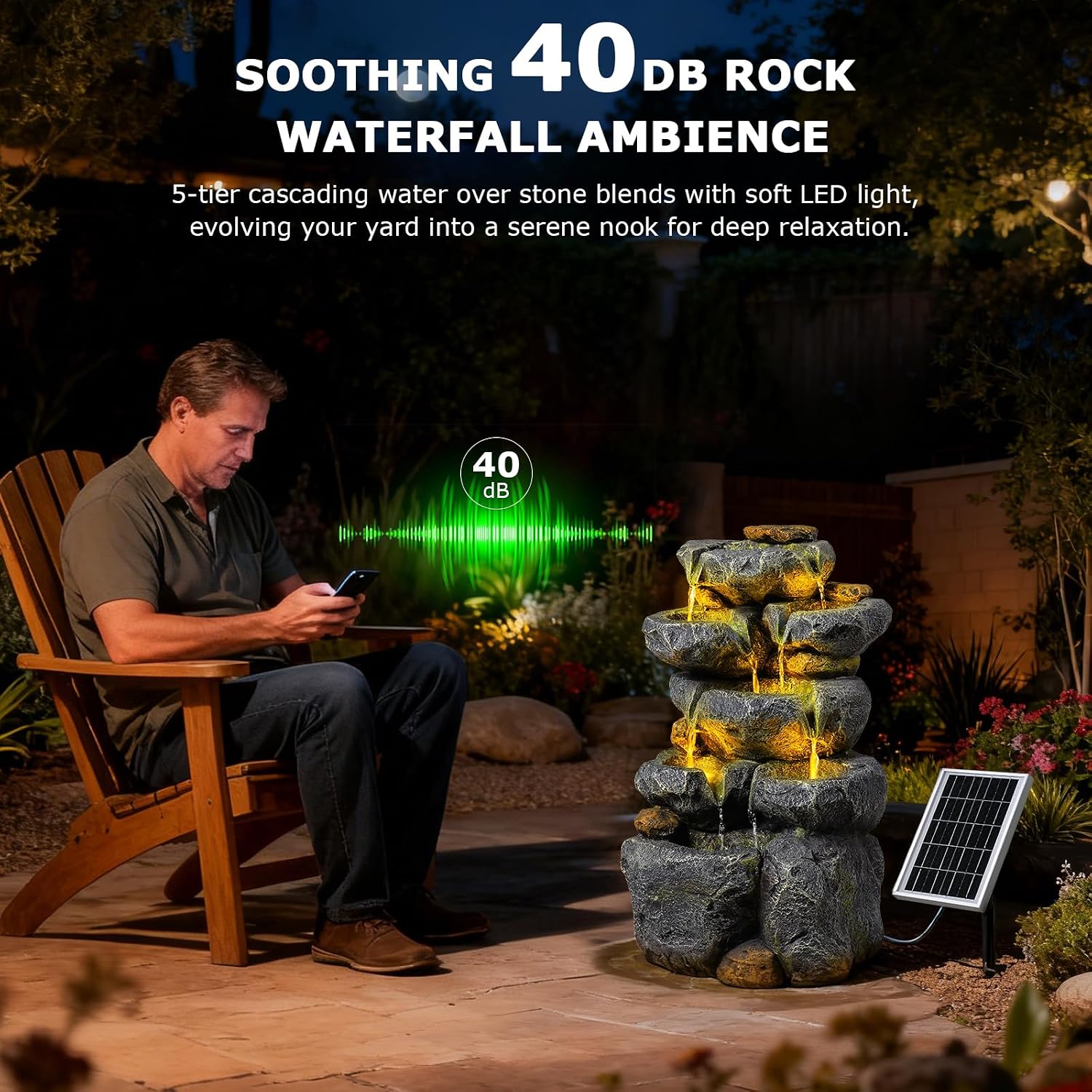 5 Tiered Solar Powered Water Fountain, Solar Water Fountain Outdoor Garden Cascading Rock Water Fall Fountains Outside with Lights for Backyard, Patio, Deck, Porch, 24' H x 13.39' L x 9.6' W