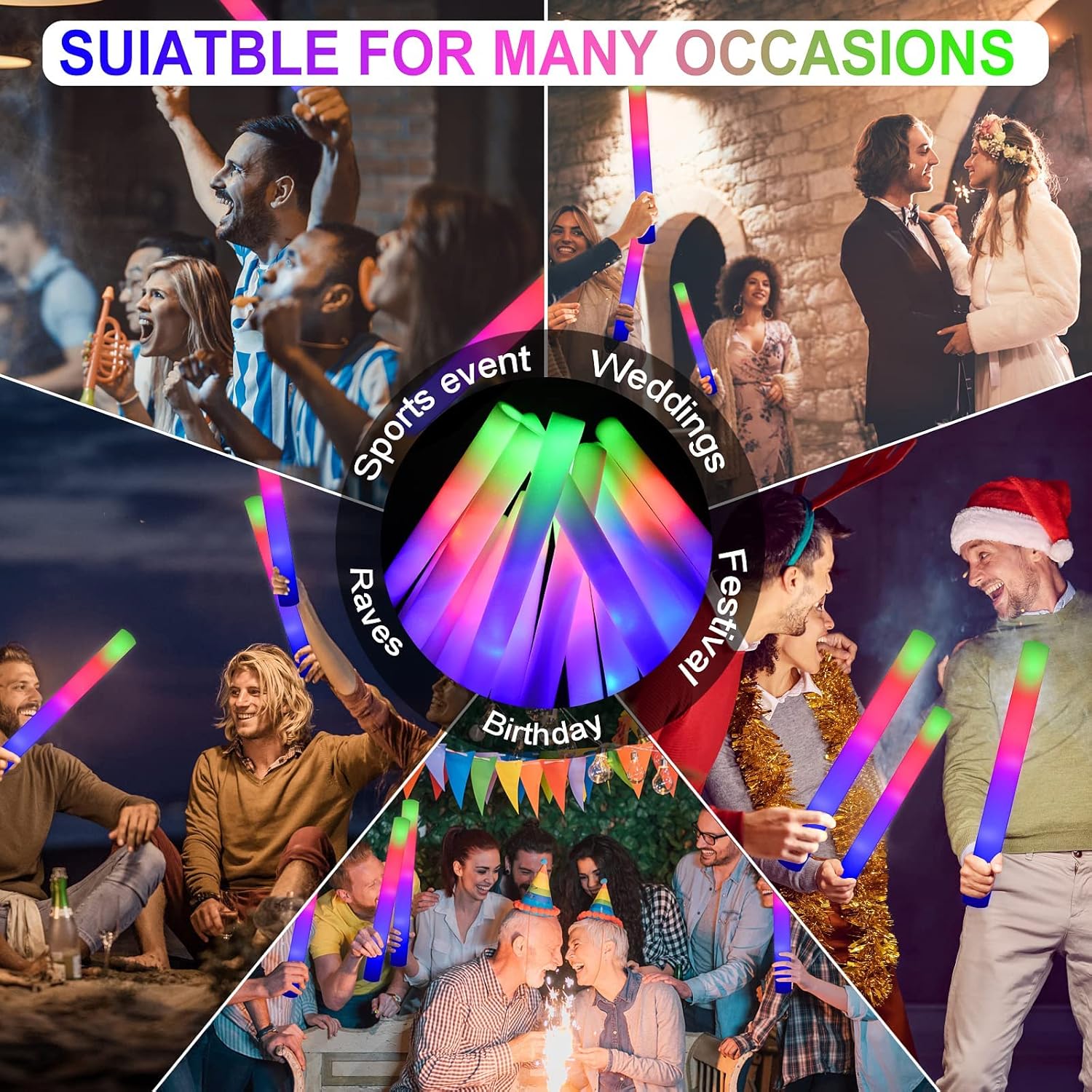 LifBetter 200 Pcs Foam Glow Sticks Bulk,Led Glow Sticks with 3 Modes Colorful Flashing,Long Life Battery Glow In The Dark Party Supplies for Weddings,Parties,Festivals,Sporting Events