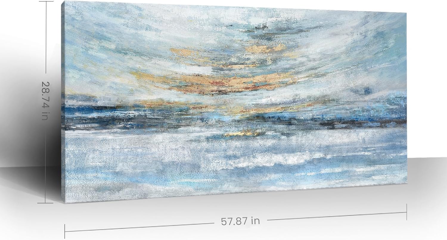 Extra Large Framed Wall Art for Living Room Light Blue Huge Canvas Print Modern Ocean Skyline and Sunset Wall Picture Coastal Themed Seaside Sea Artwork for Home Bedroom Décor 58x29inch Décor