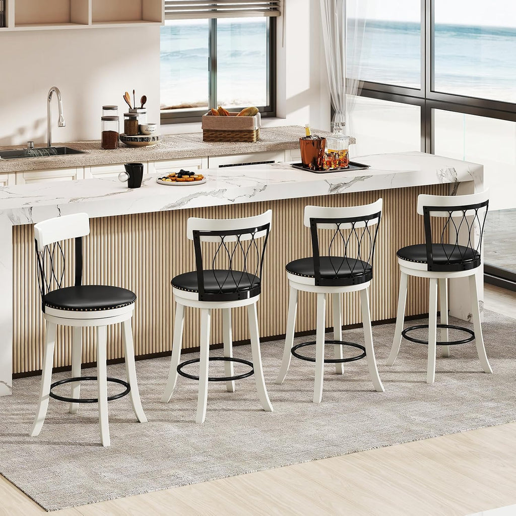 Giantex 26' Bar Stools Set of 4, Swivel Counter Height Bar Chairs with Footrest, Rubber Wood Frame & Tufted Rivets, Upholstered Modern PVC Leather Barstools for Kitchen Island & Pub